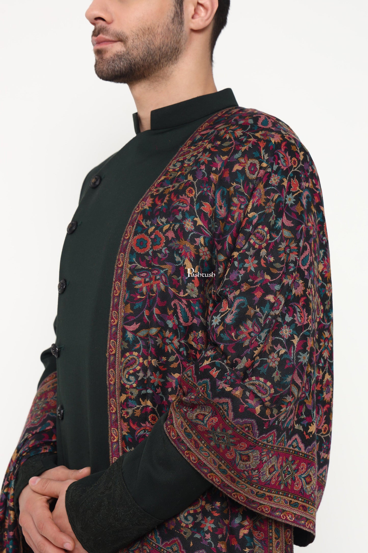 Pashtush India Mens Scarves Stoles and Mufflers Pashtush Mens Ethnic Weave Stole, Woven Design, Black