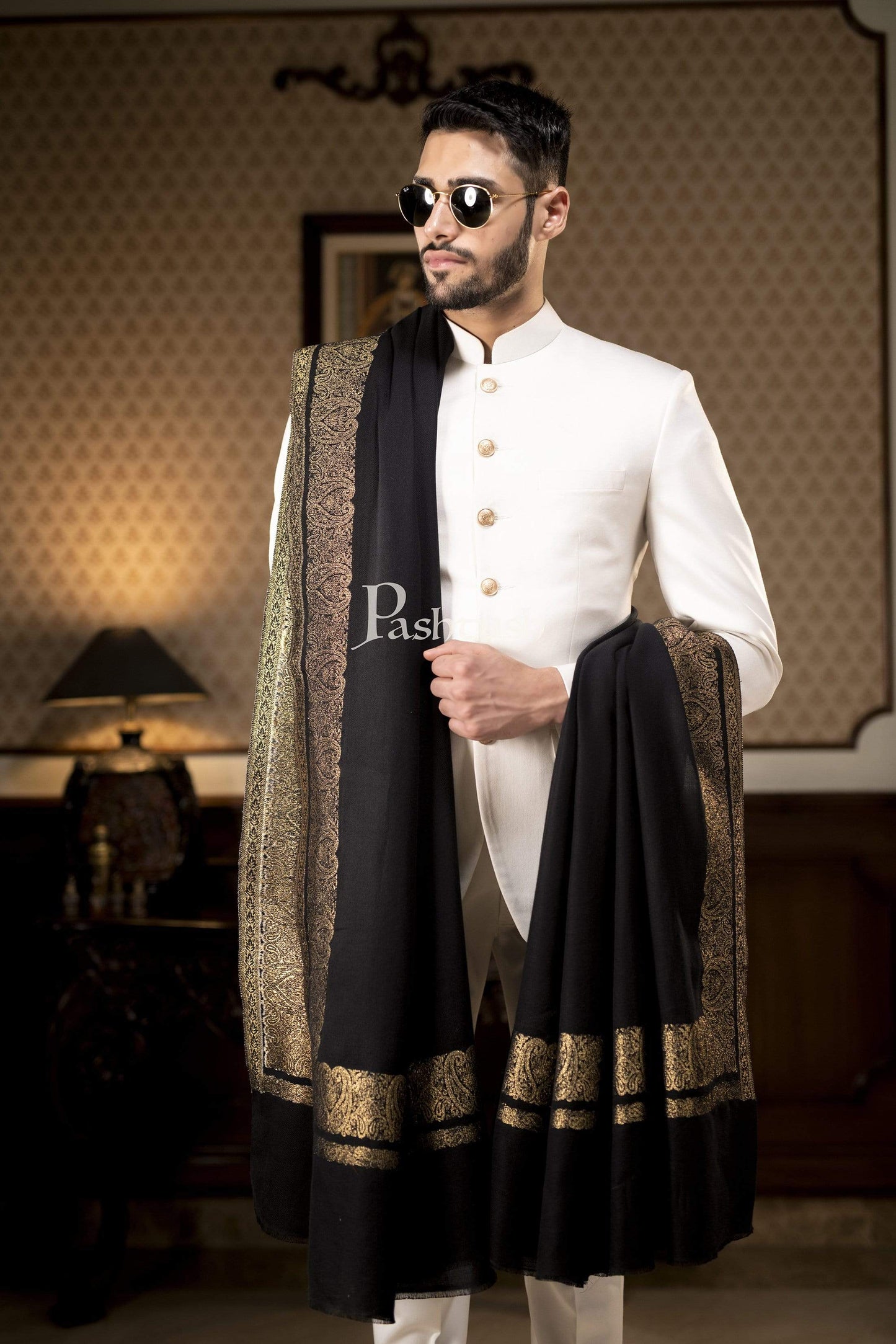 Pashtush India Gift Pack Pashtush Mens Extra Fine Count Wool Shawl, Metallic Tilla Border Weave, Full Size