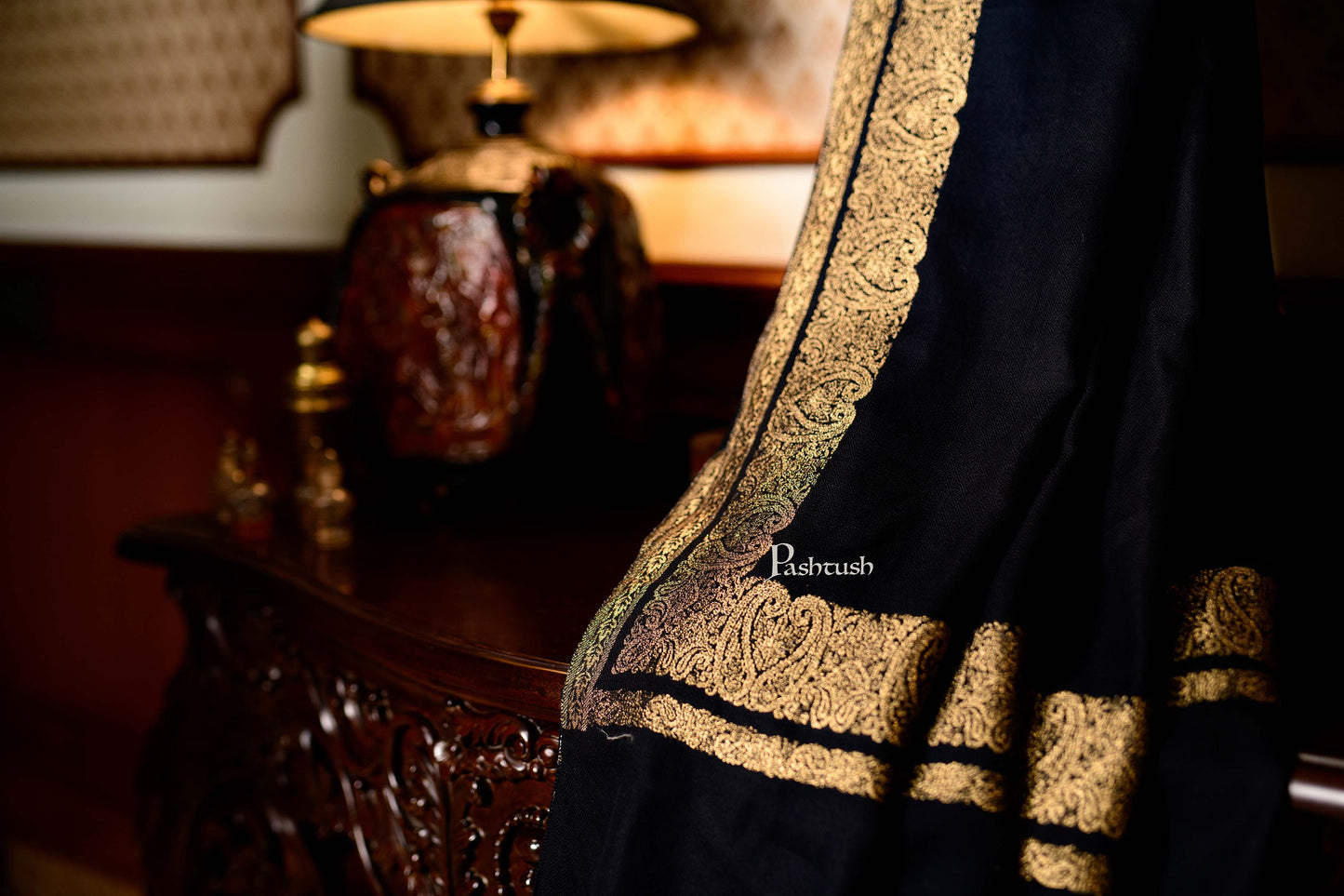 Pashtush India Mens Shawls Gents Shawl Pashtush Mens Extra Fine Count Wool Shawl, Metallic Tilla Border Weave, Full Size
