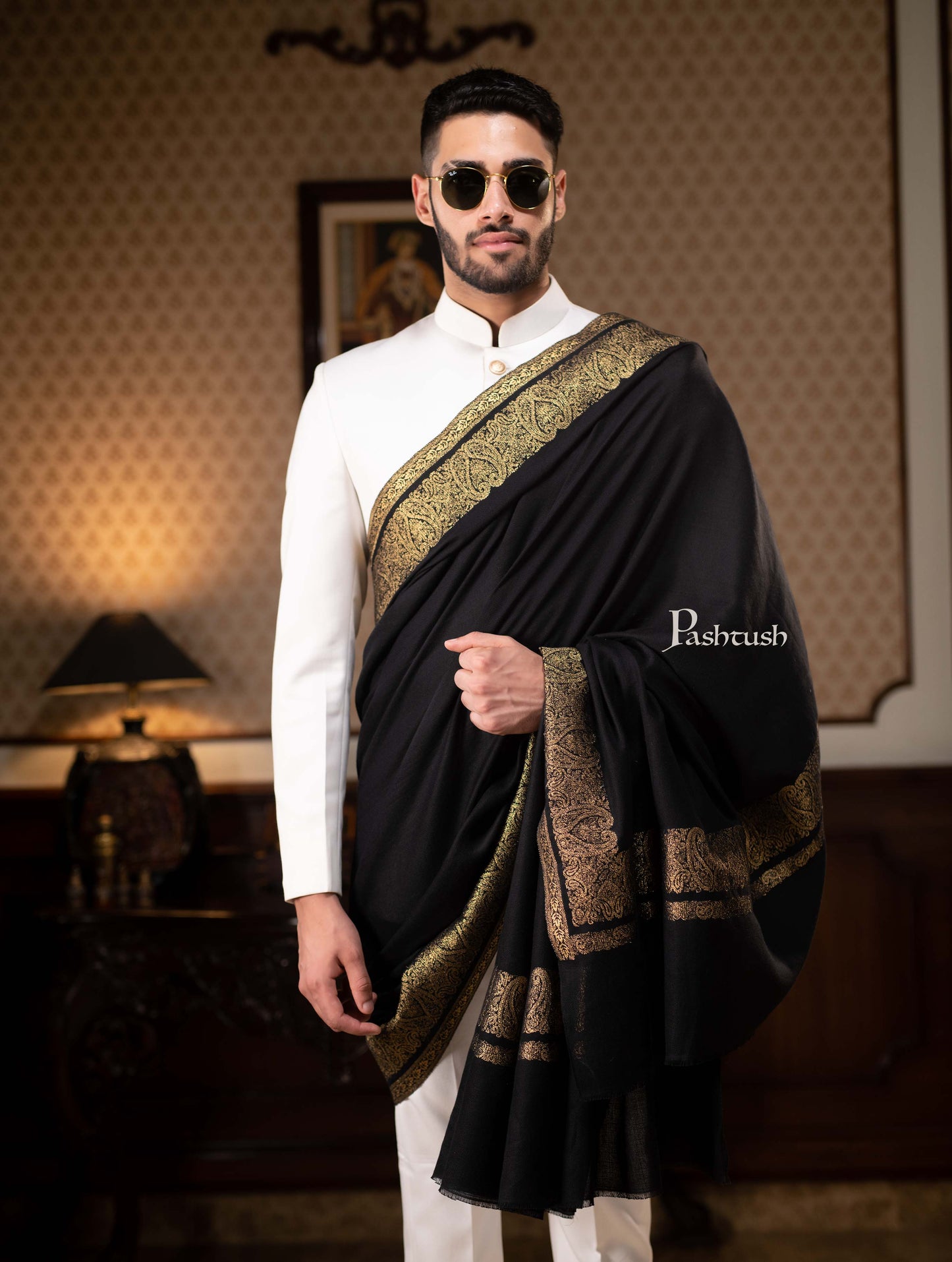 Pashtush India Mens Shawls Gents Shawl Pashtush Mens Extra Fine Count Wool Shawl, Metallic Tilla Border Weave, Full Size