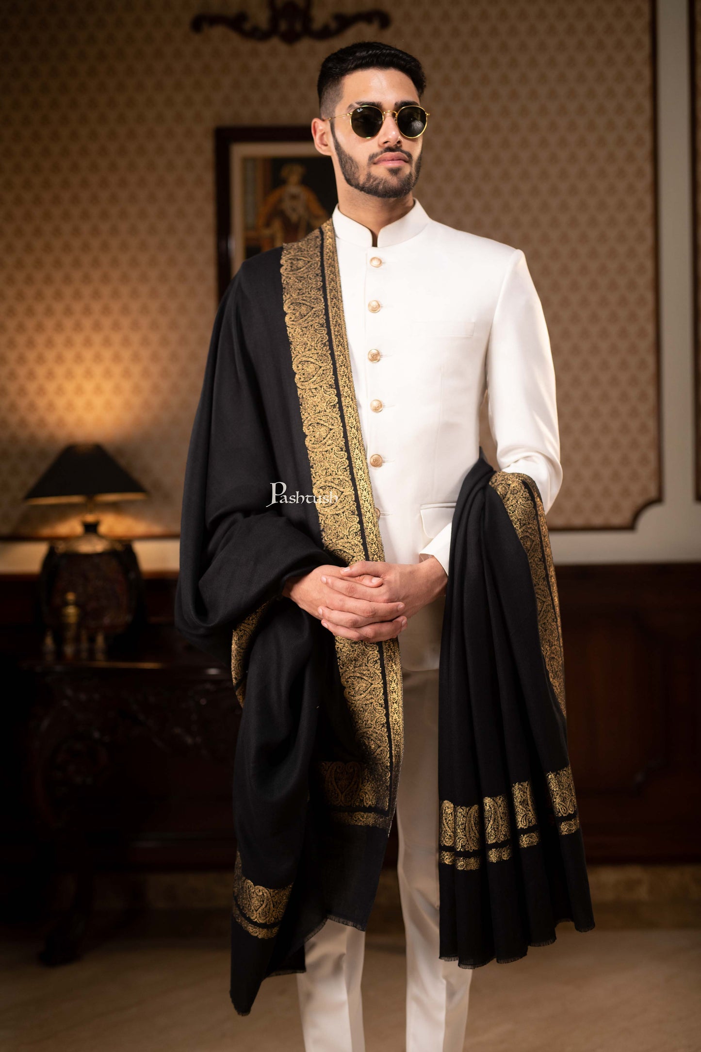 Pashtush India Mens Shawls Gents Shawl Pashtush Mens Extra Fine Count Wool Shawl, Metallic Tilla Border Weave, Full Size