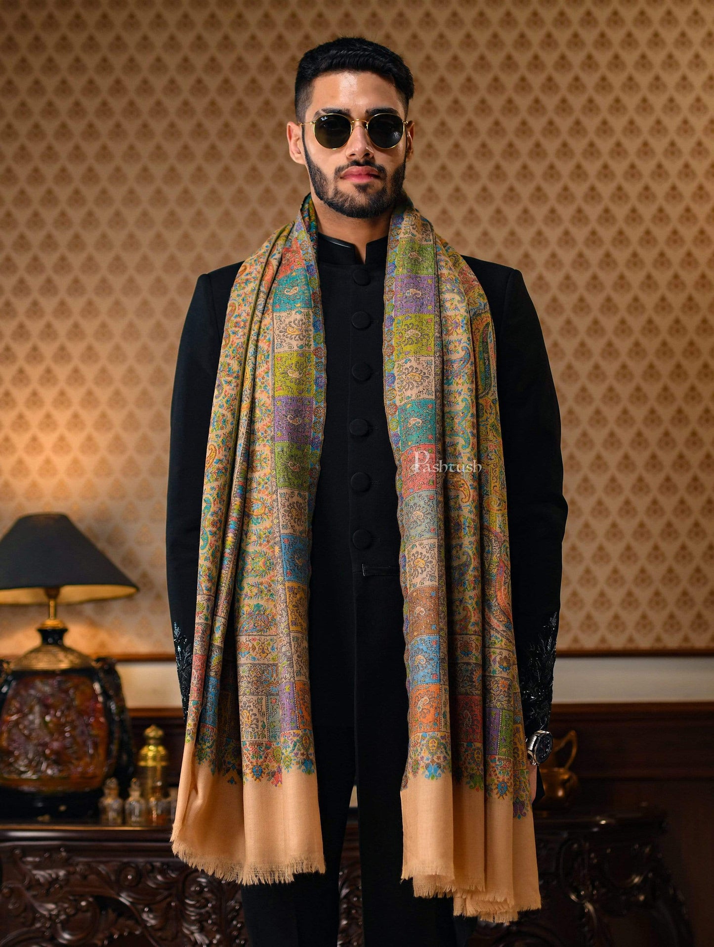 Pashtush India 100x200 Pashtush Mens Extra Fine Ethnic Shawl, Pure Wool, Woolmark Certificate