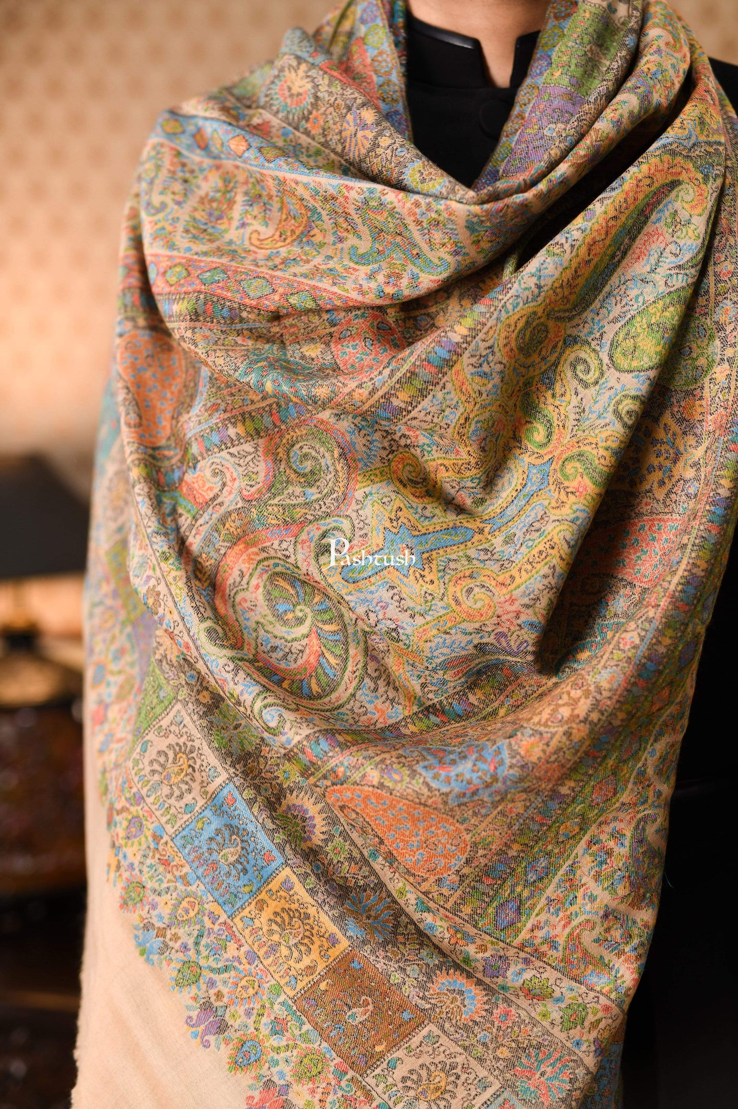 Pashtush India 100x200 Pashtush Mens Extra Fine Kaani Shawl, Pure Wool, Woolmark Certificate