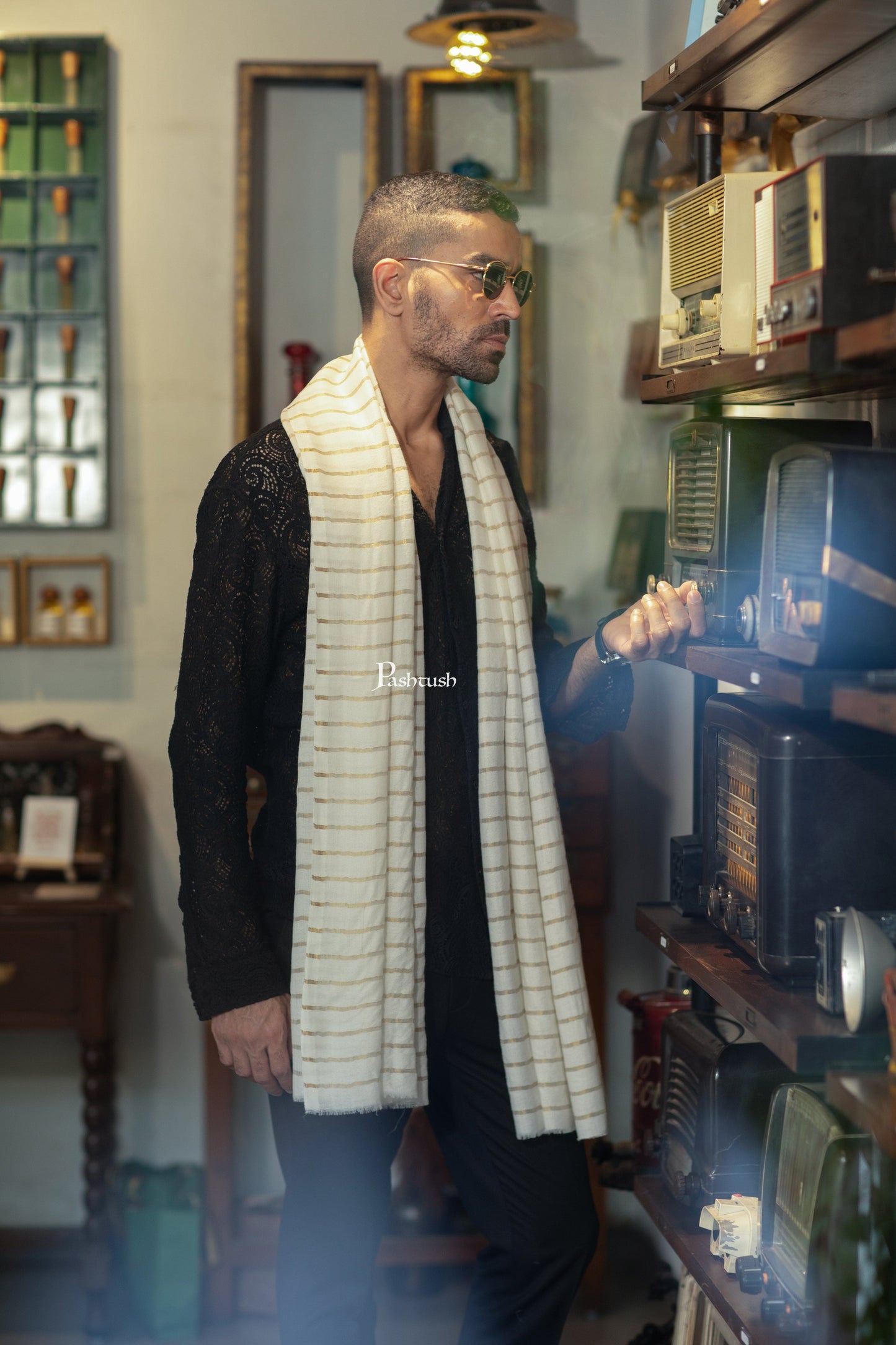 Pashtush India Mens Scarves Stoles and Mufflers Pashtush Mens Extra Fine Woo; Stole, Stripe With Zari Design, Ivory