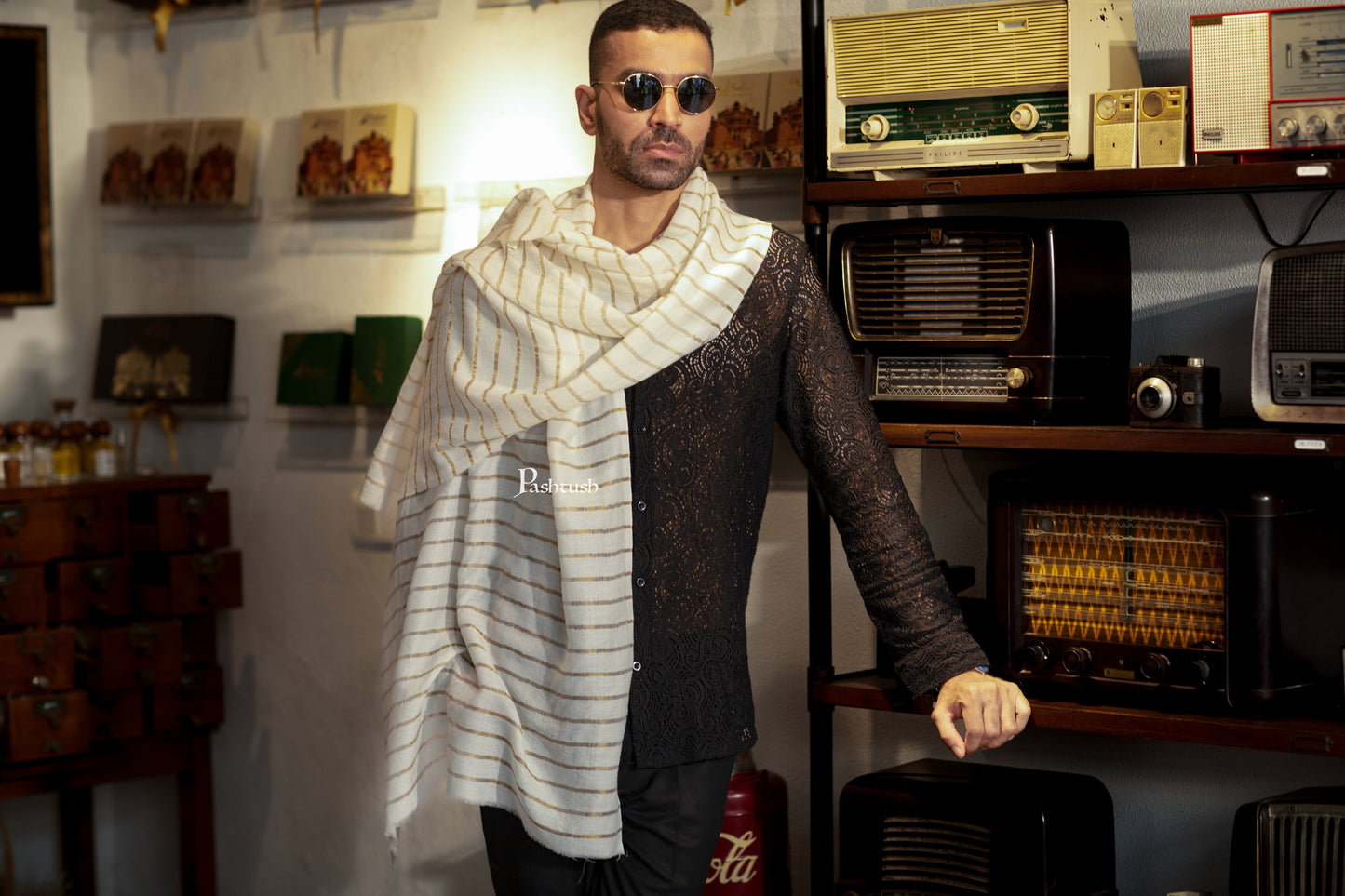 Pashtush India Mens Scarves Stoles and Mufflers Pashtush Mens Extra Fine Woo; Stole, Stripe With Zari Design, Ivory