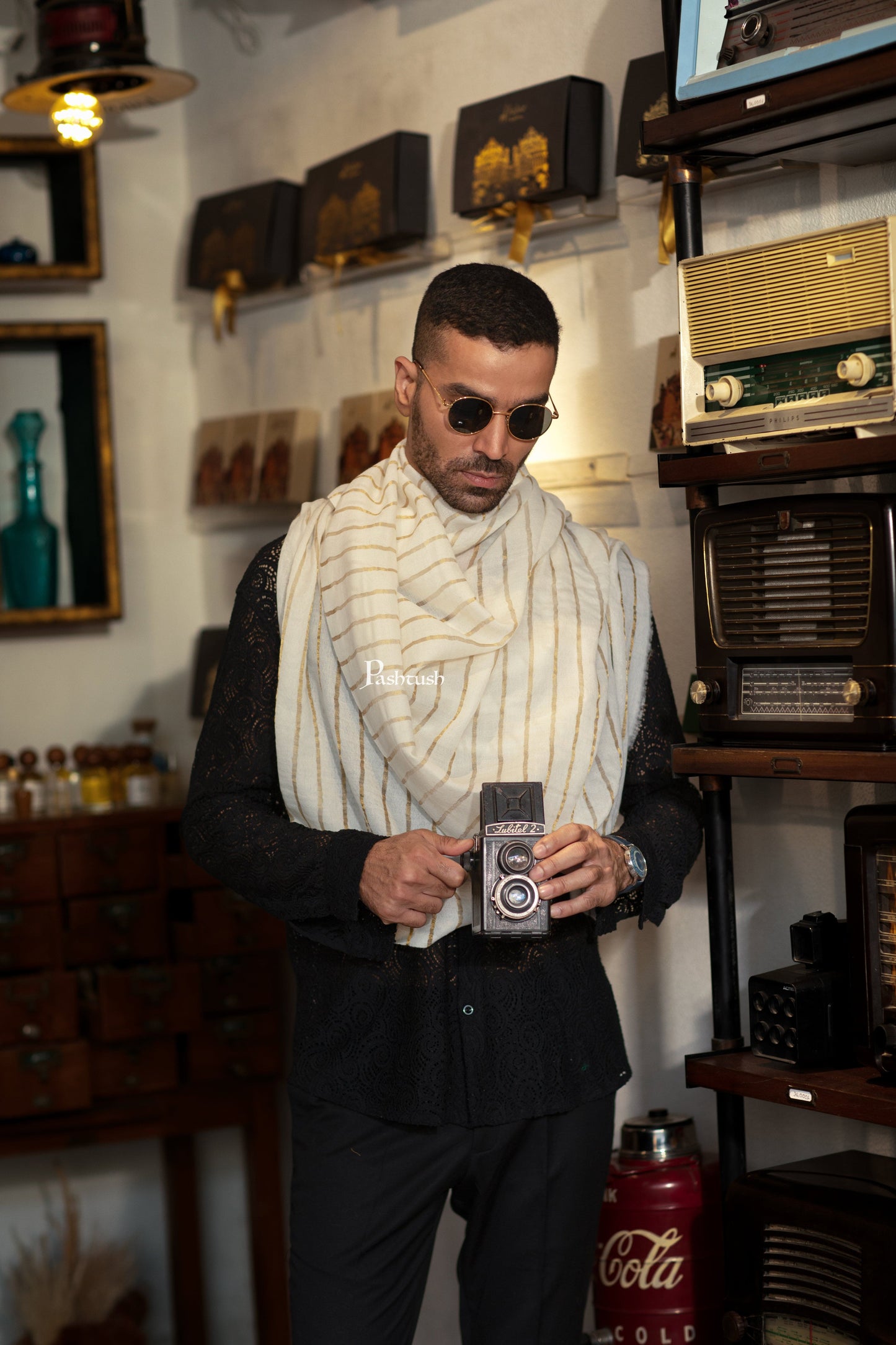 Pashtush India Mens Scarves Stoles and Mufflers Pashtush Mens Extra Fine Woo; Stole, Stripe With Zari Design, Ivory