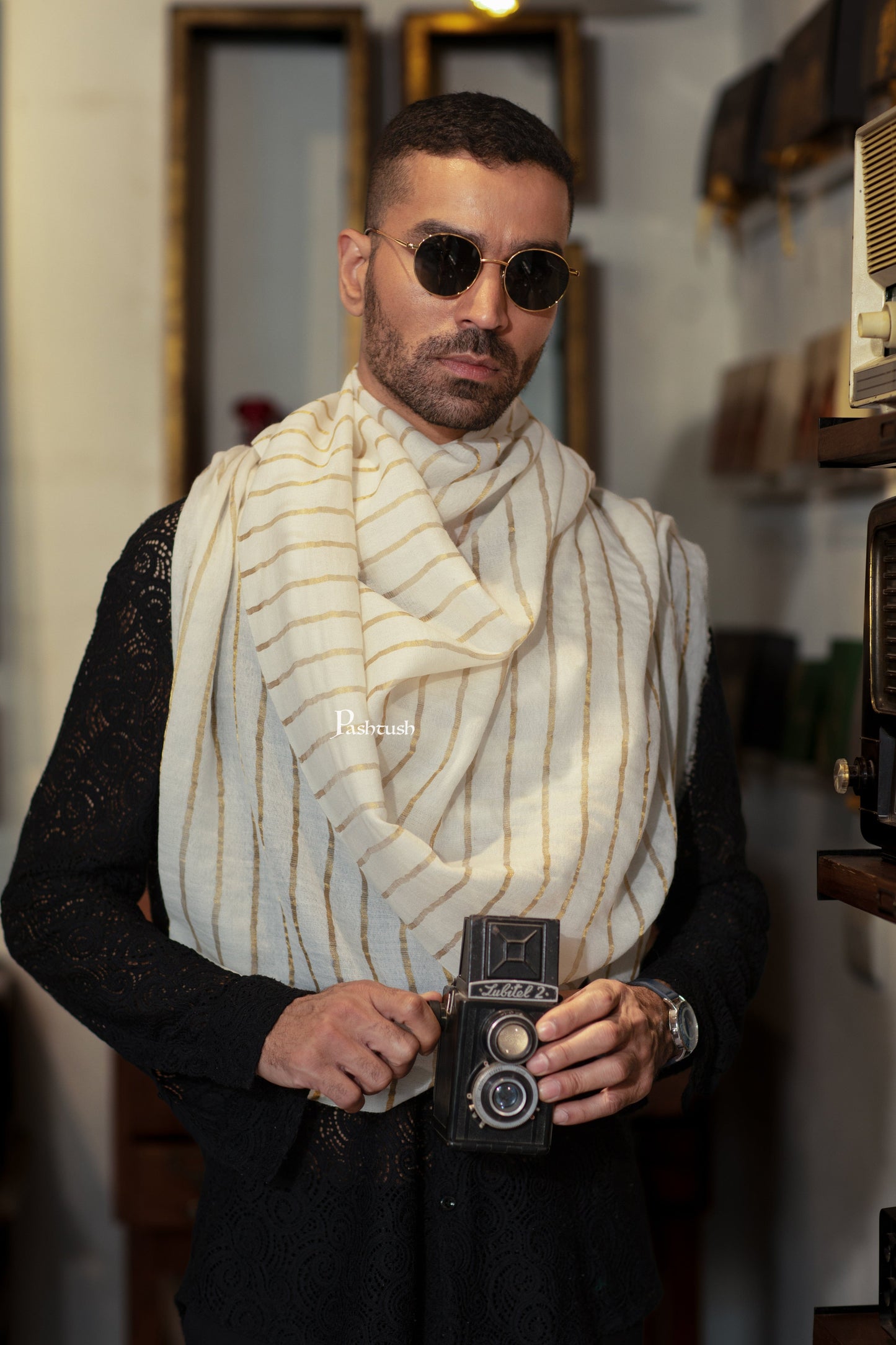 Pashtush India Mens Scarves Stoles and Mufflers Pashtush Mens Extra Fine Woo; Stole, Stripe With Zari Design, Ivory