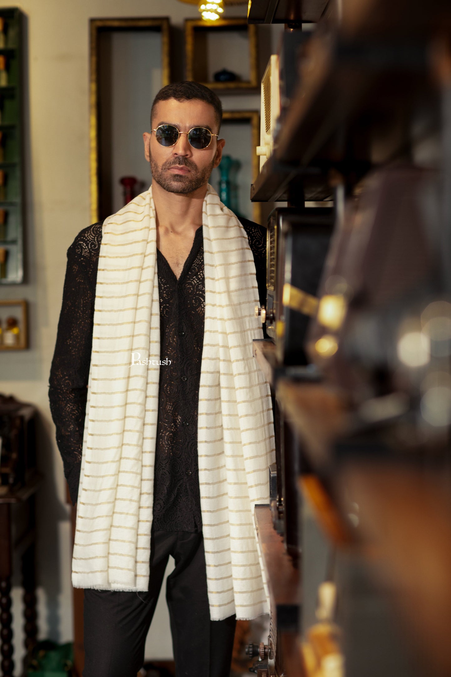 Pashtush India Mens Scarves Stoles and Mufflers Pashtush Mens Extra Fine Woo; Stole, Stripe With Zari Design, Ivory