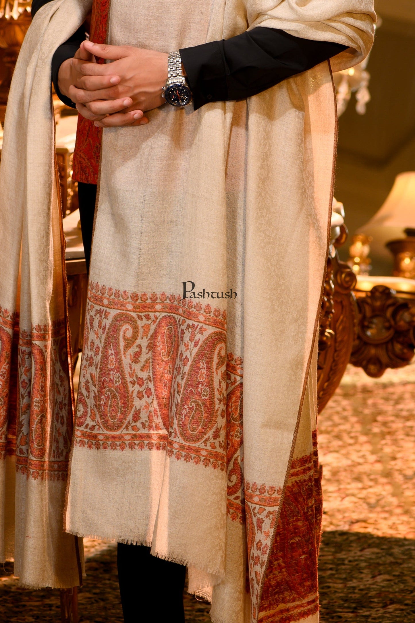 Pashtush India Mens Shawls Gents Shawl Pashtush Mens Extra Fine Wool Ethnic Shawl, Mens Lohi, Full Size, Light Beige