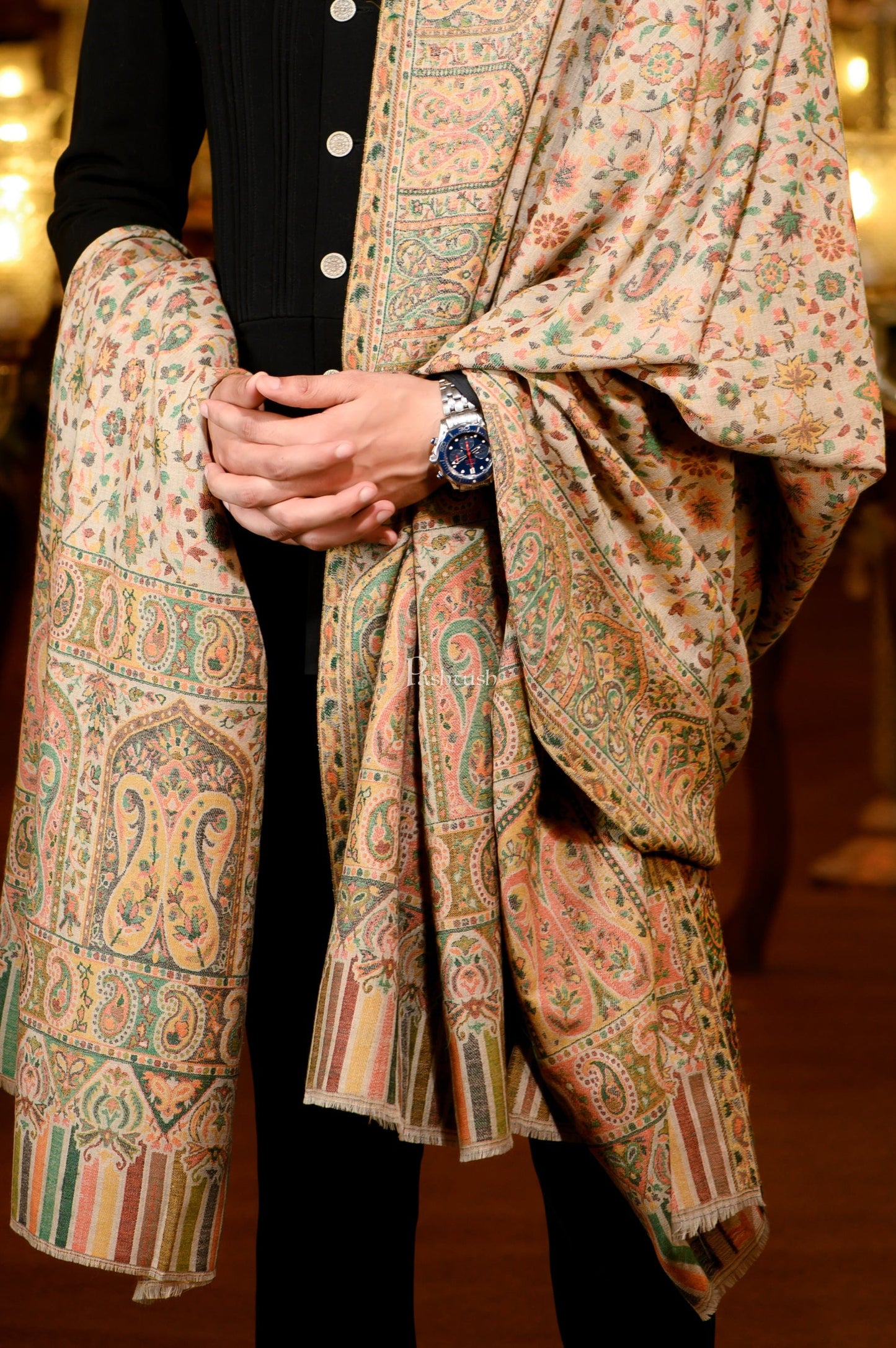 Pashtush India Mens Shawls Gents Shawl Pashtush Mens Extra Fine Wool Ethnic Shawl, Mens Lohi, Full Size, Multicolour