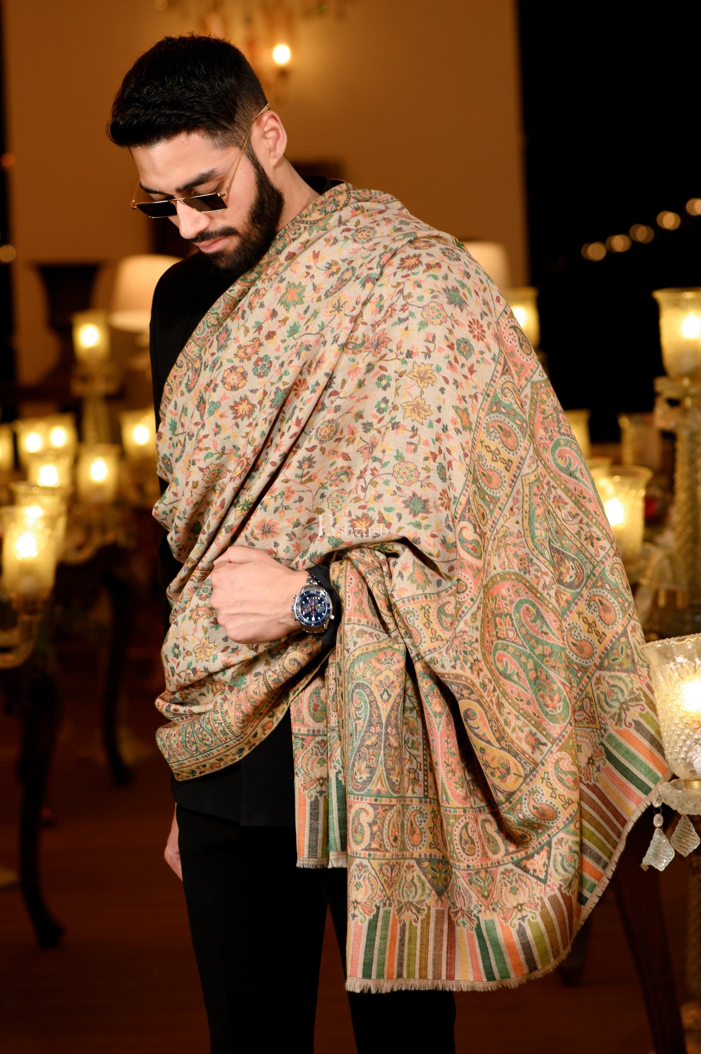Pashtush India Mens Shawls Gents Shawl Pashtush Mens Extra Fine Wool Ethnic Shawl, Mens Lohi, Full Size, Multicolour