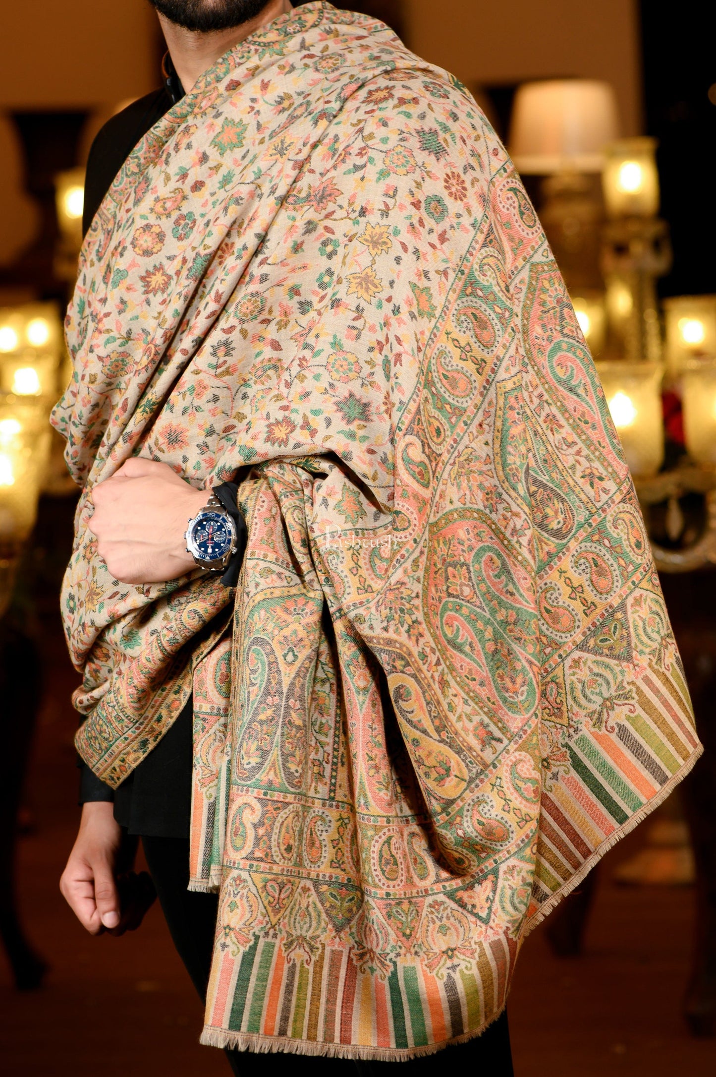 Pashtush India Mens Shawls Gents Shawl Pashtush Mens Extra Fine Wool Ethnic Shawl, Mens Lohi, Full Size, Multicolour