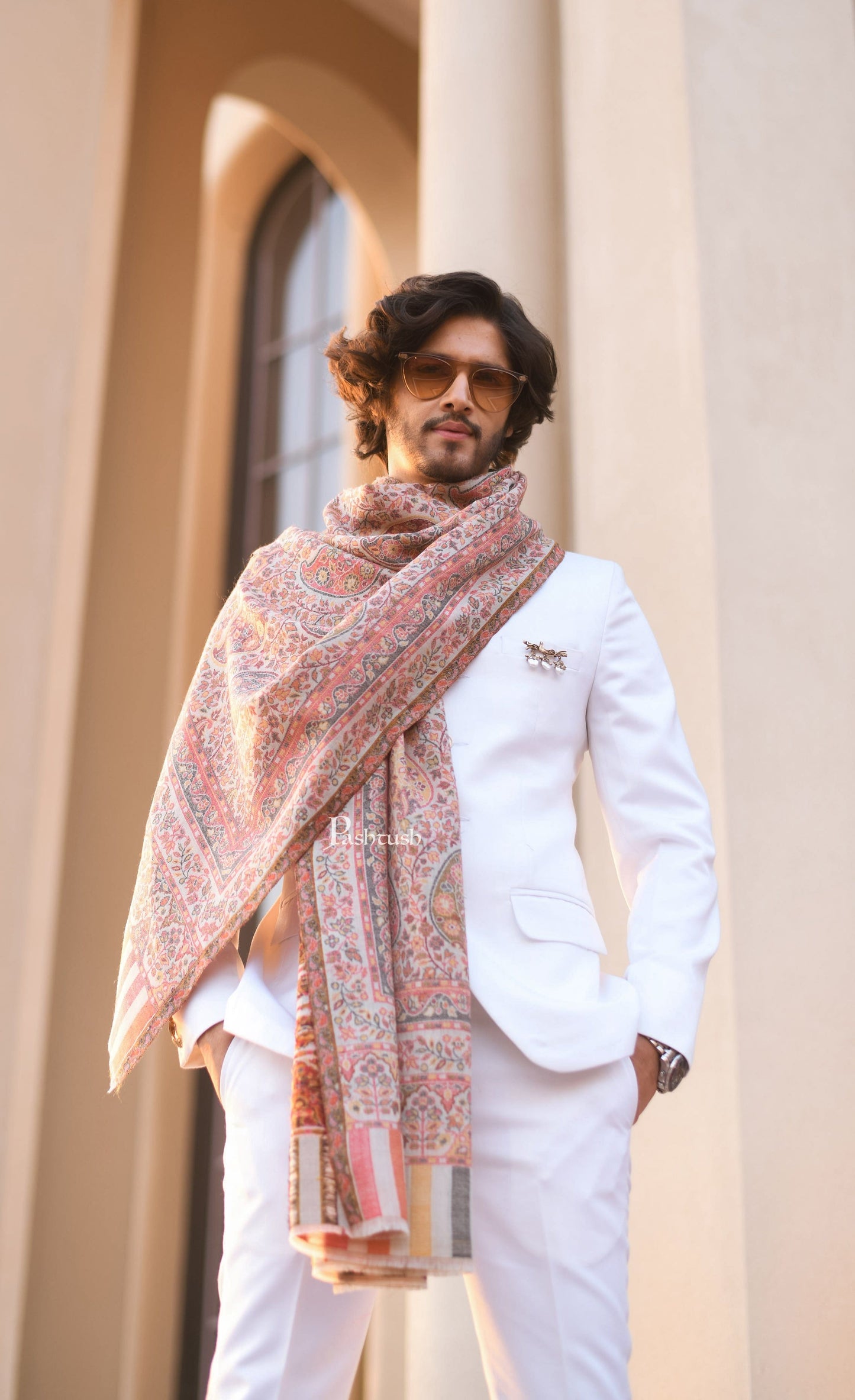 Pashtush India PASHTUSH MENS EXTRA FINE WOOL, ETHNIC WEAVE STOLE