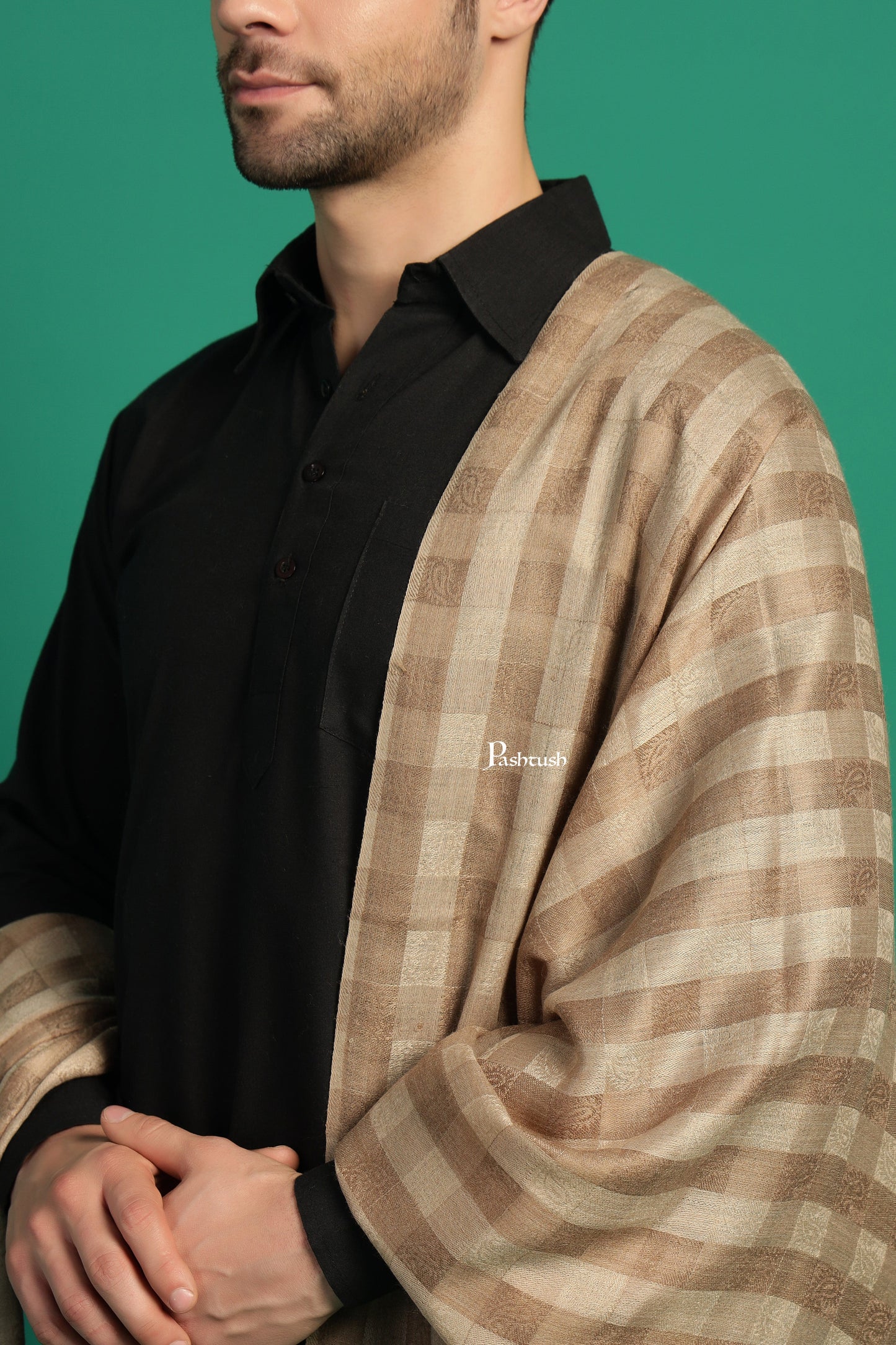 Pashtush India Mens Shawls Gents Shawl Pashtush Mens Extra Fine Wool Shawl, Check Ambi Design, Beige