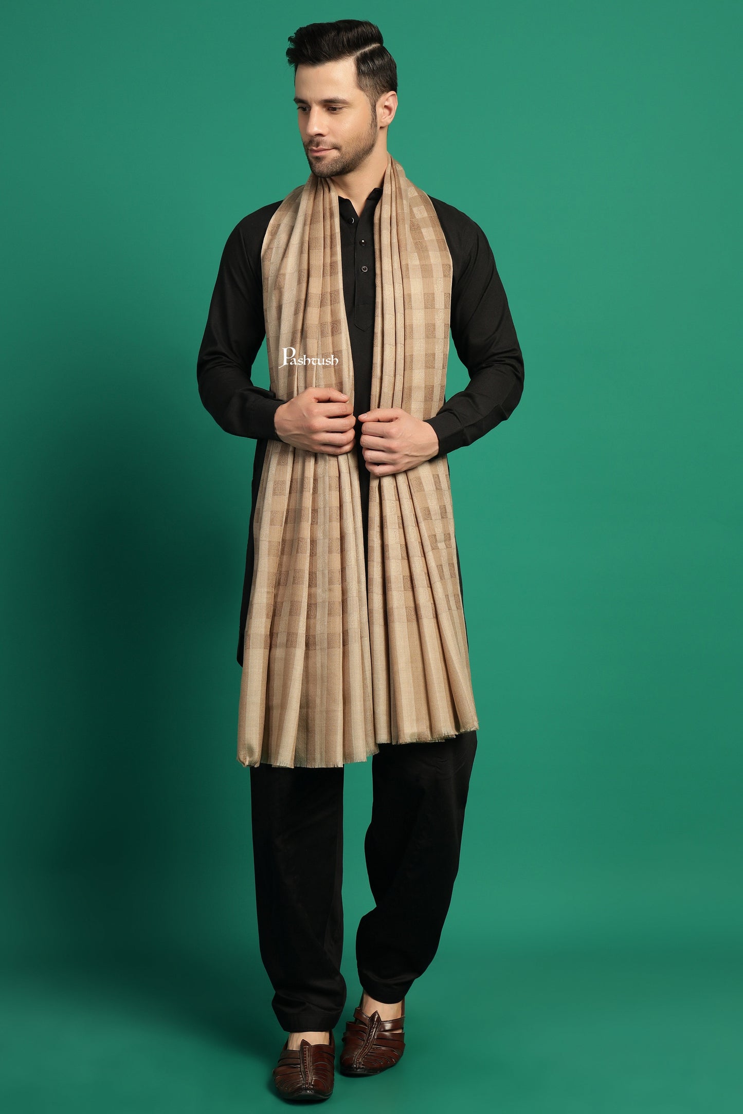Pashtush India Mens Shawls Gents Shawl Pashtush Mens Extra Fine Wool Shawl, Check Ambi Design, Beige