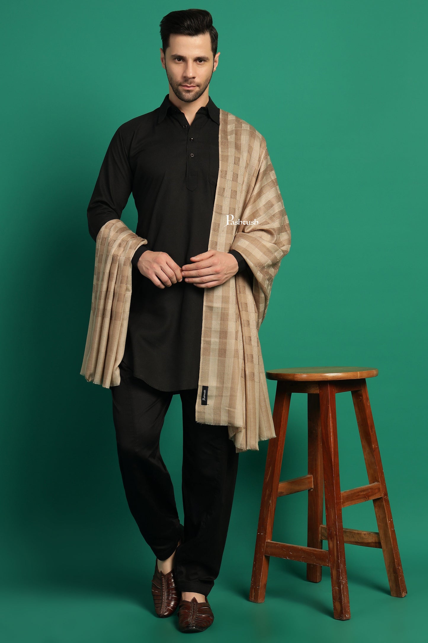 Pashtush India Mens Shawls Gents Shawl Pashtush Mens Extra Fine Wool Shawl, Check Ambi Design, Beige
