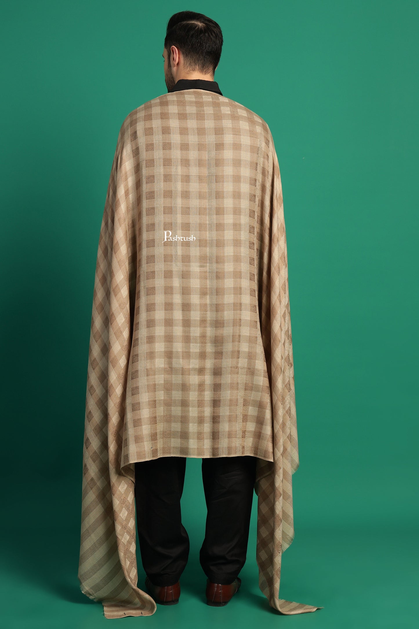 Pashtush India Mens Shawls Gents Shawl Pashtush Mens Extra Fine Wool Shawl, Check Ambi Design, Beige