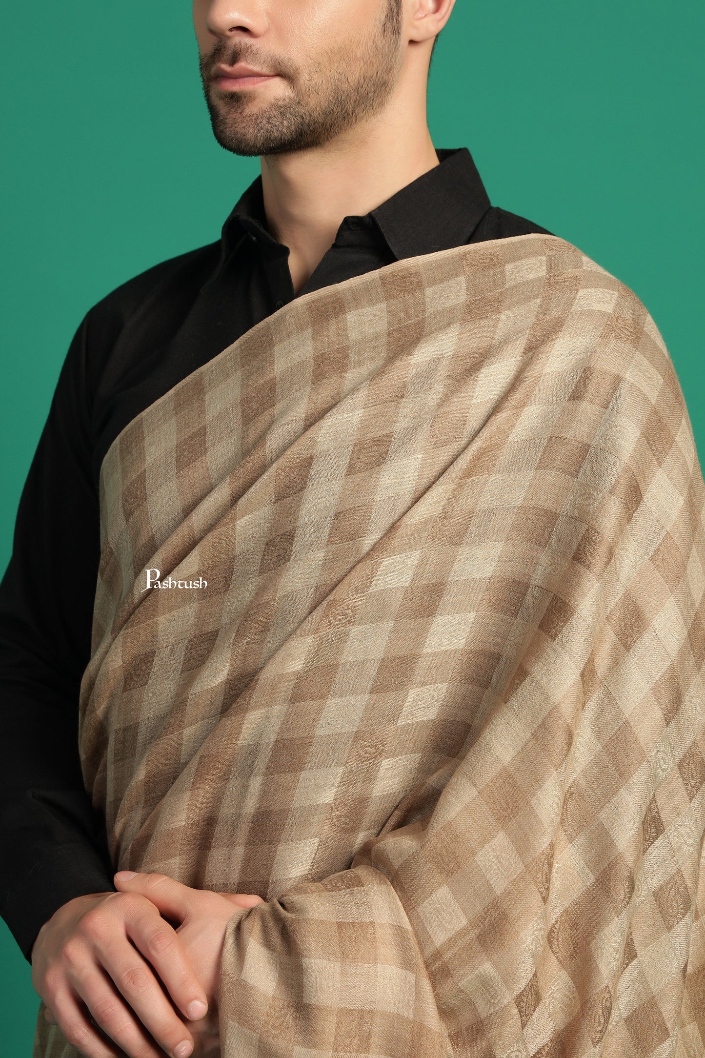 Pashtush India Mens Shawls Gents Shawl Pashtush Mens Extra Fine Wool Shawl, Check Ambi Design, Beige