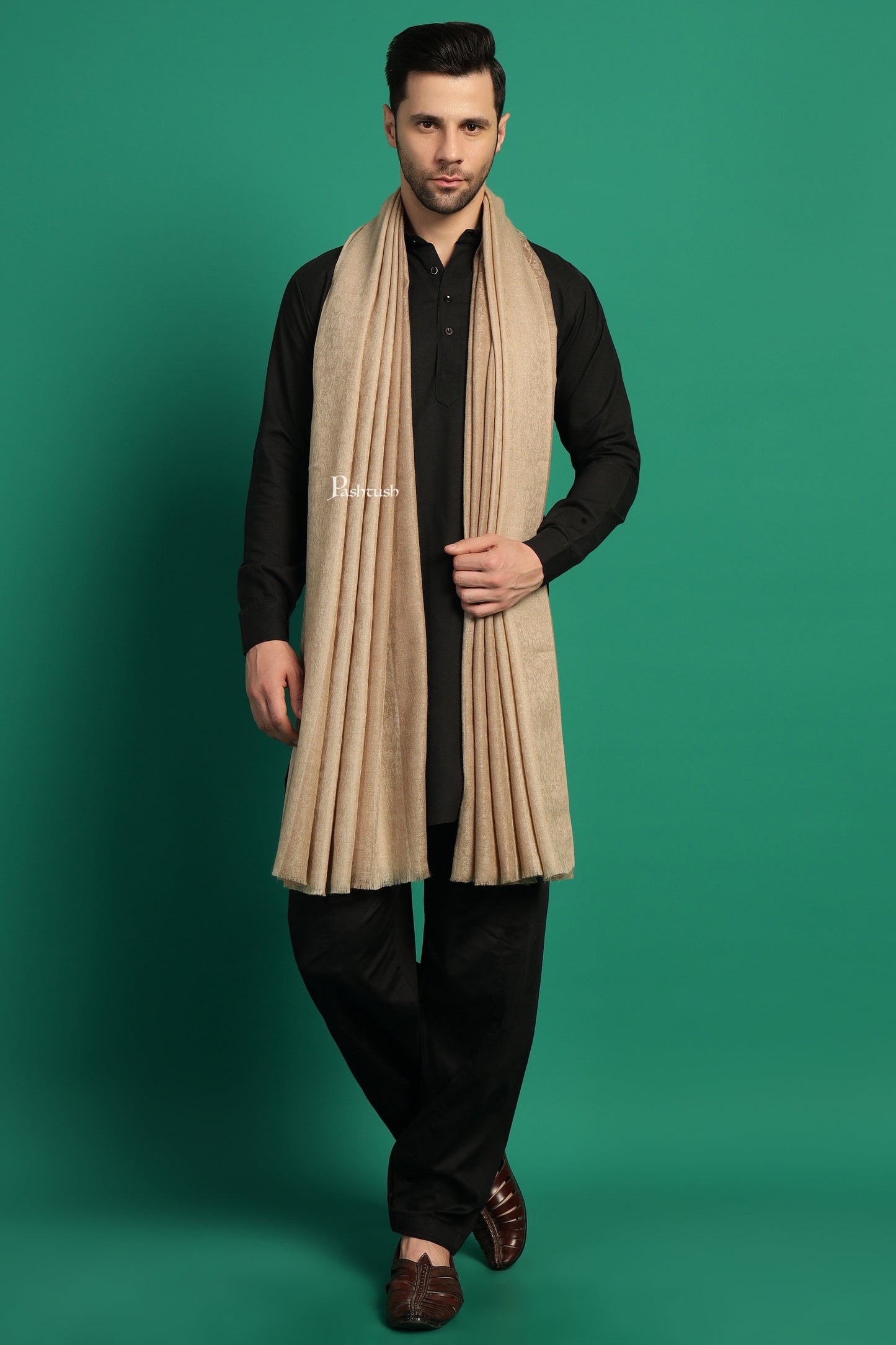 Pashtush India Mens Shawls Gents Shawl Pashtush Mens Extra Fine Wool Shawl, Check Ambi Design, Beige