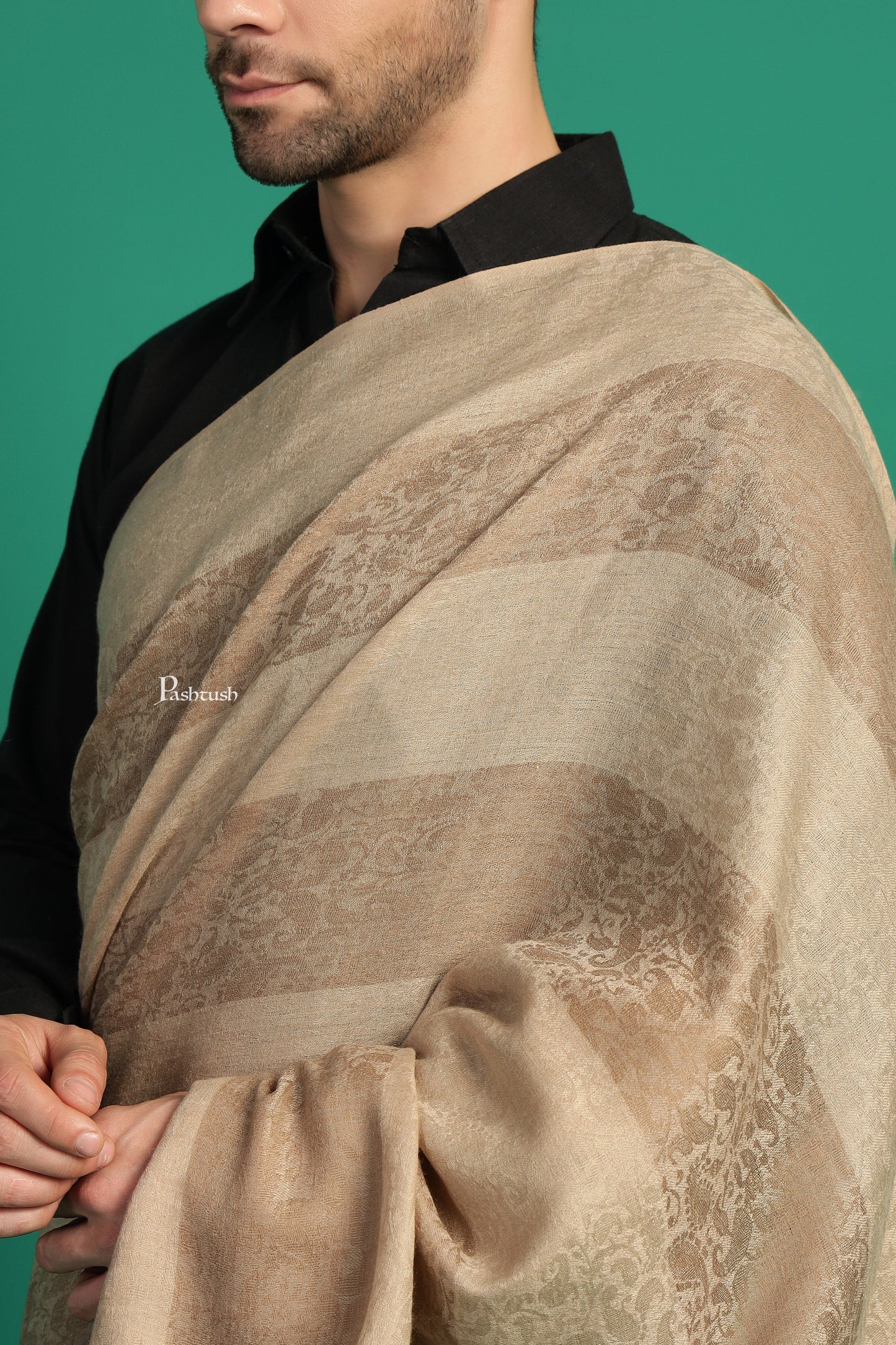 Pashtush India Mens Shawls Gents Shawl Pashtush Mens Extra Fine Wool Shawl, Check Ambi Design, Beige