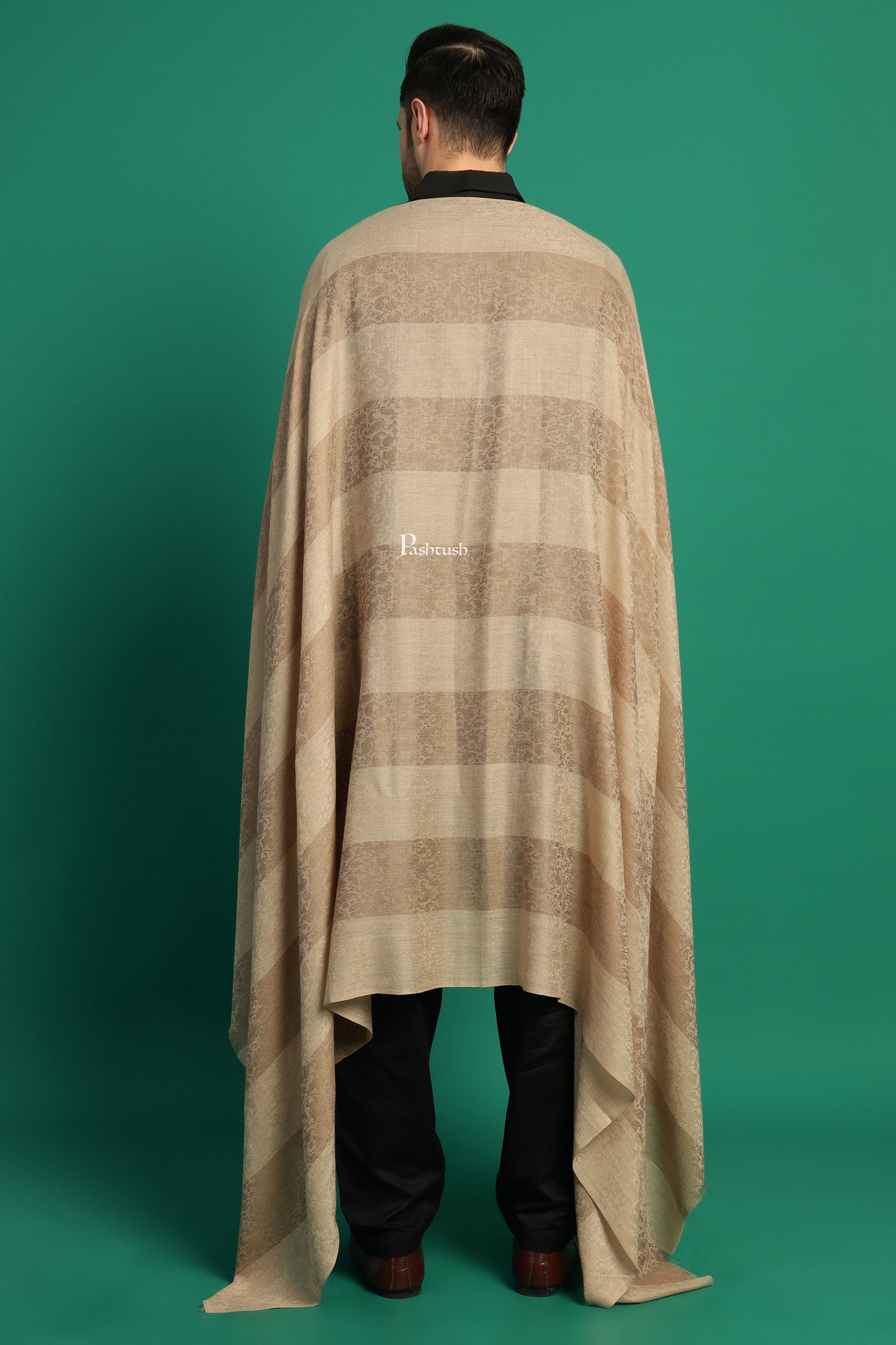 Pashtush India Mens Shawls Gents Shawl Pashtush Mens Extra Fine Wool Shawl, Check Ambi Design, Beige