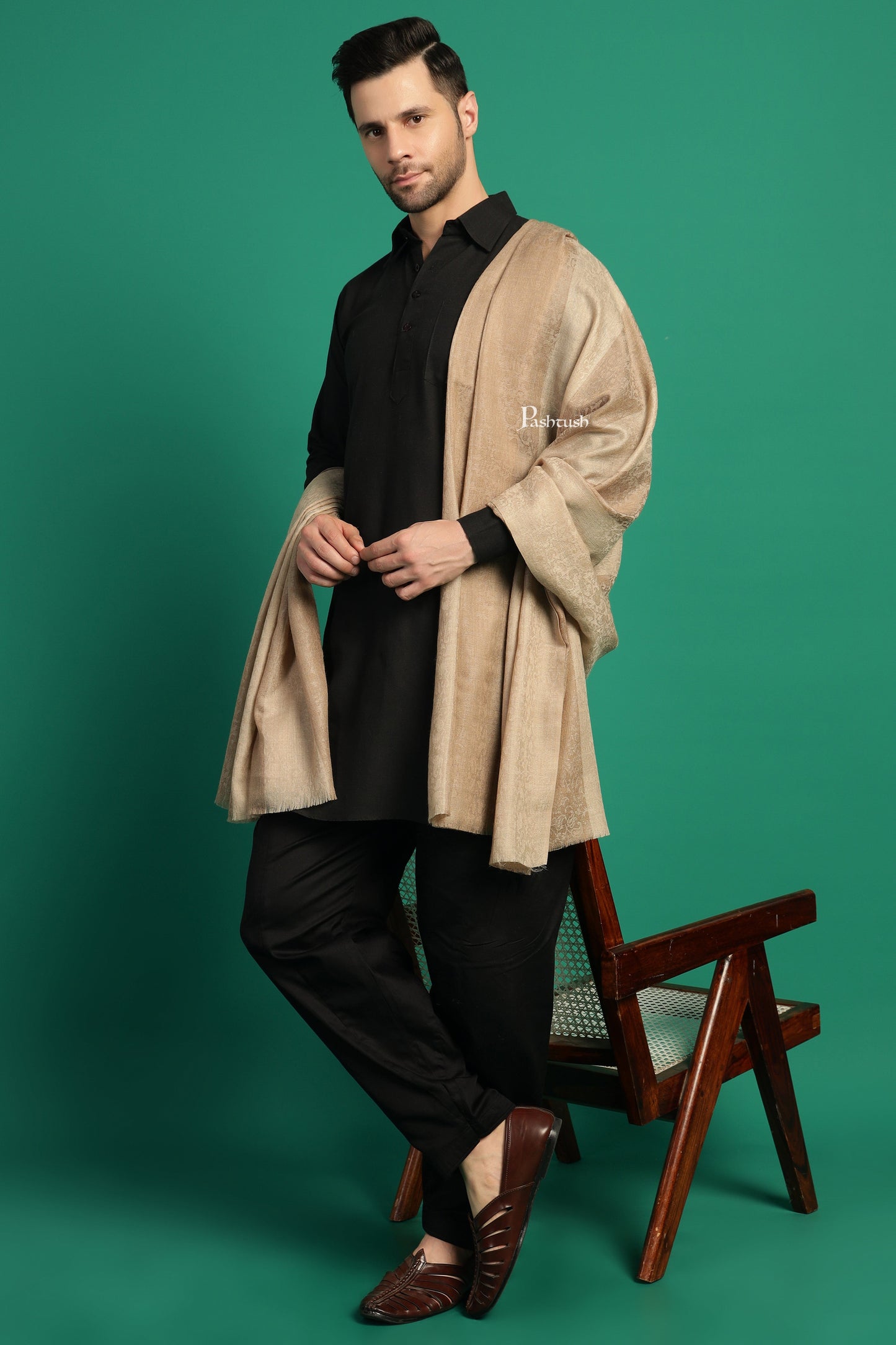 Pashtush India Mens Shawls Gents Shawl Pashtush Mens Extra Fine Wool Shawl, Check Ambi Design, Beige