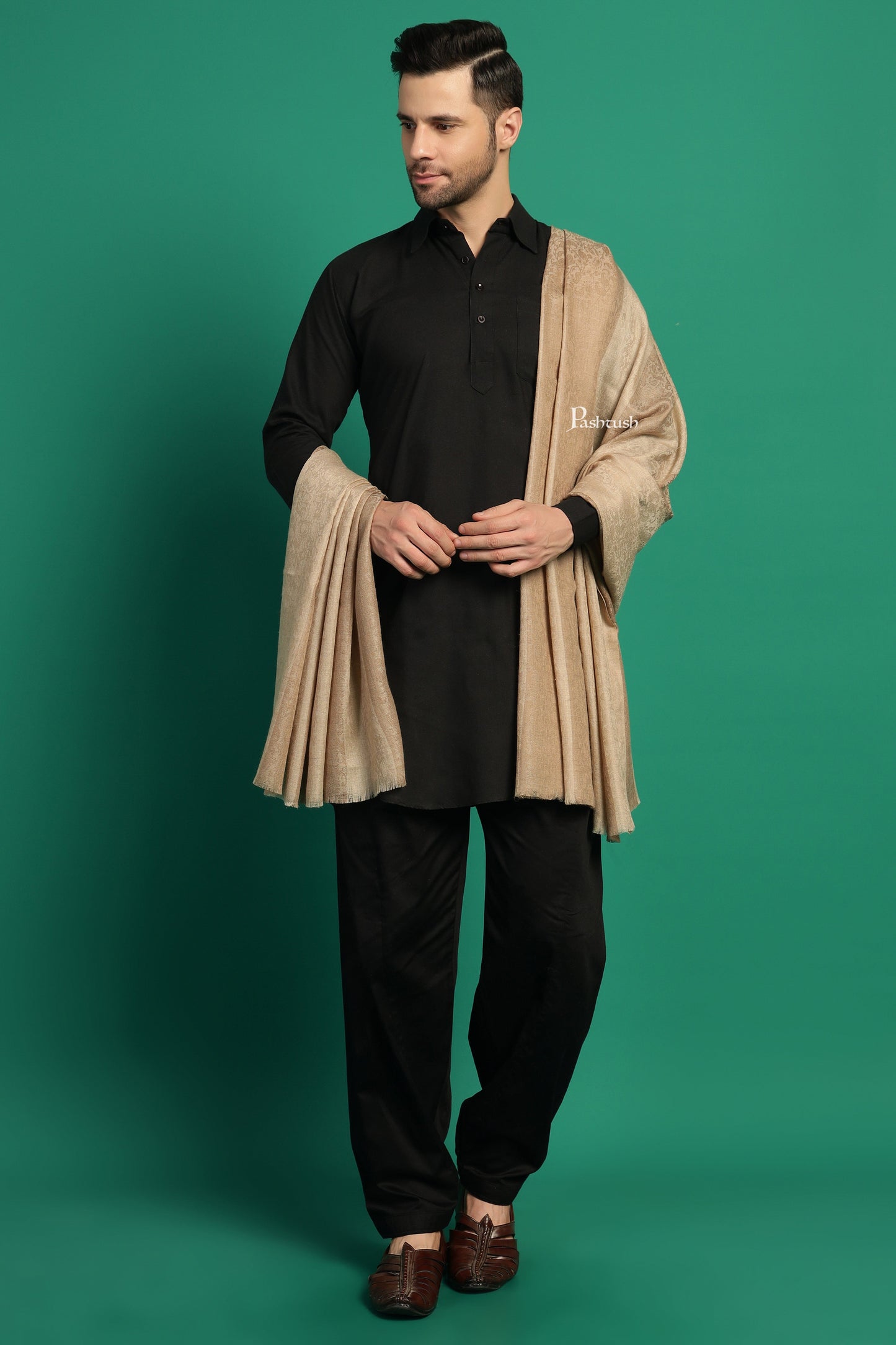 Pashtush India Mens Shawls Gents Shawl Pashtush Mens Extra Fine Wool Shawl, Check Ambi Design, Beige
