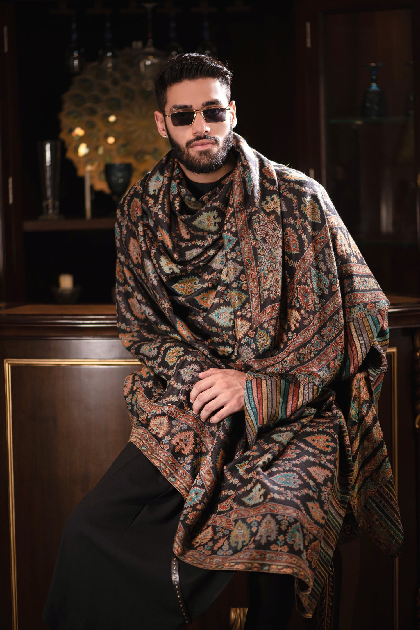 Pashtush India Mens Shawls Gents Shawl Pashtush mens Extra Fine Wool shawl, Ethnic design, Black