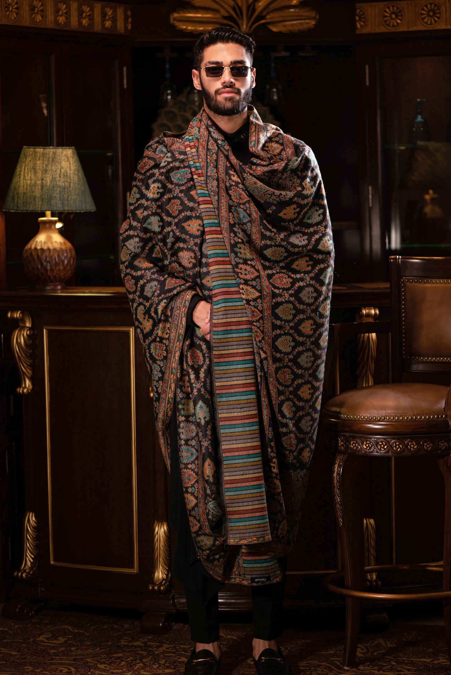 Pashtush India Mens Shawls Gents Shawl Pashtush mens Extra Fine Wool shawl, Ethnic design, Black