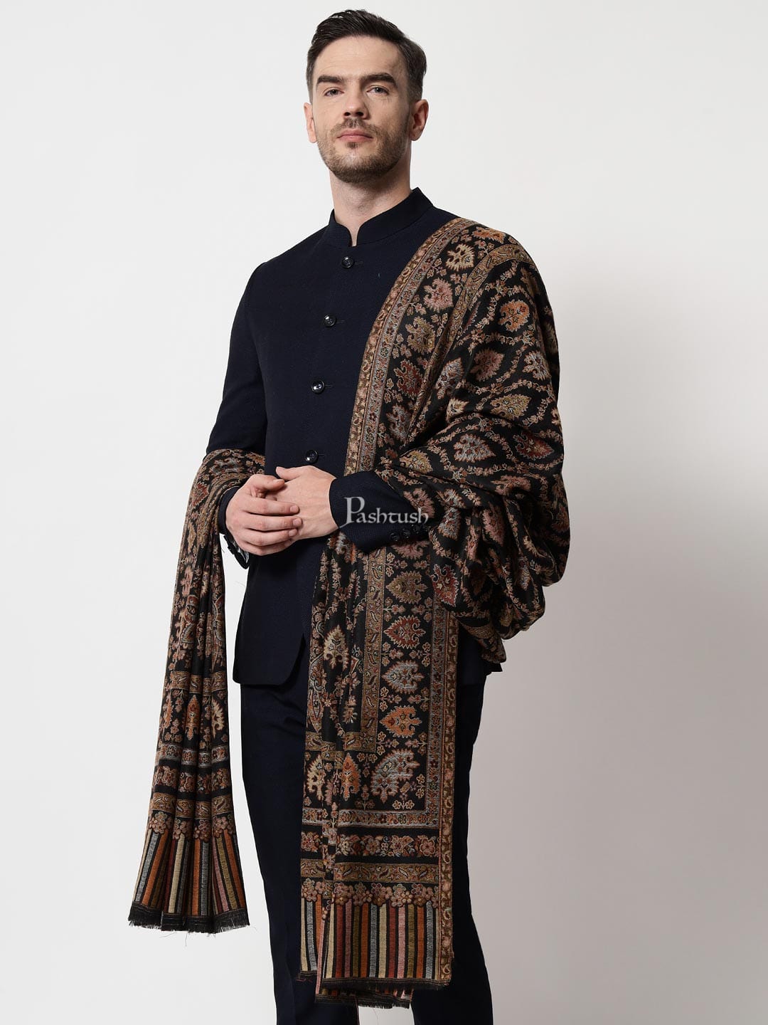 Pashtush India Mens Shawls Gents Shawl Pashtush mens Extra Fine Wool shawl, Ethnic design, Black