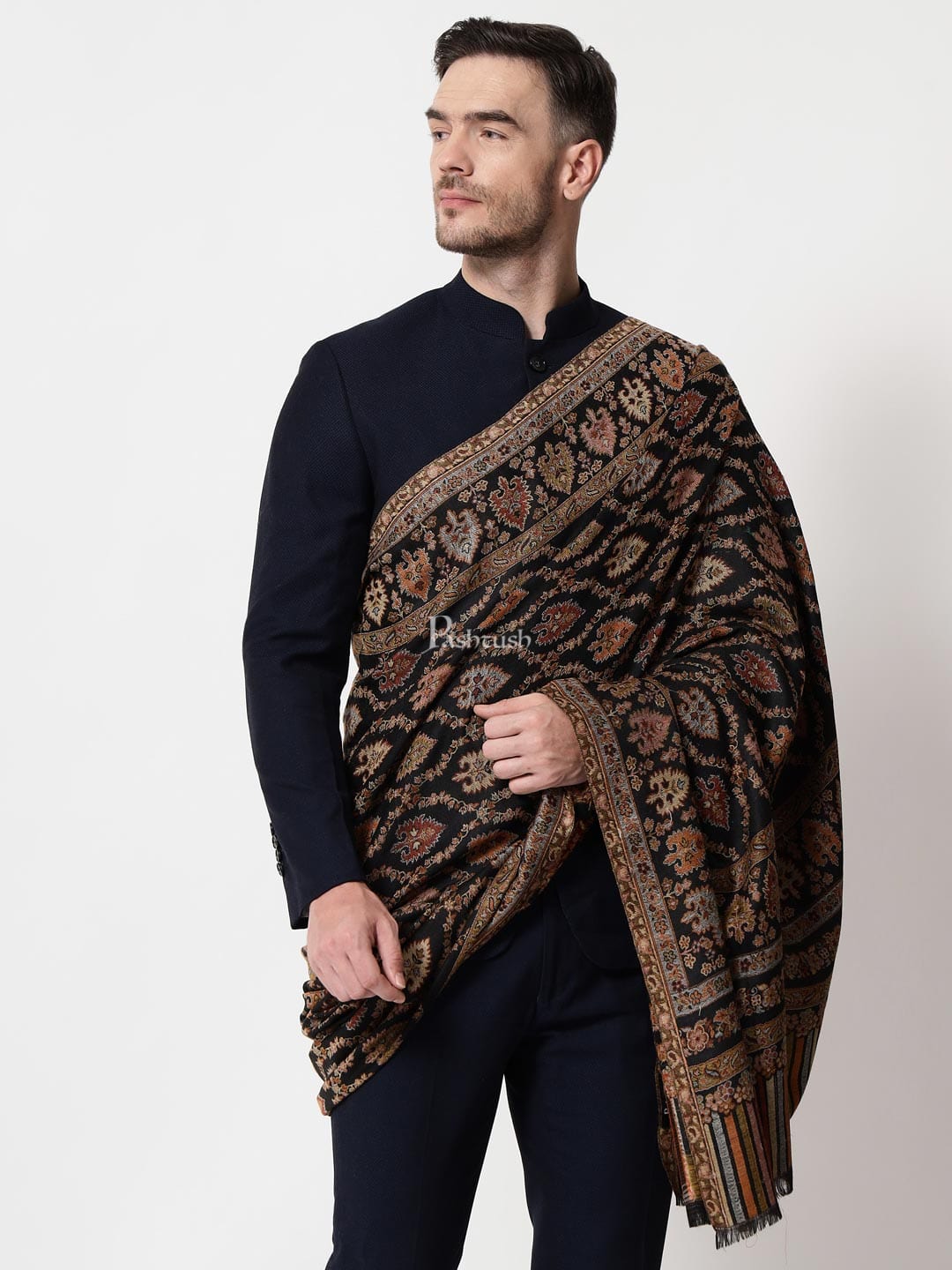 Pashtush India Mens Shawls Gents Shawl Pashtush mens Extra Fine Wool shawl, Ethnic design, Black