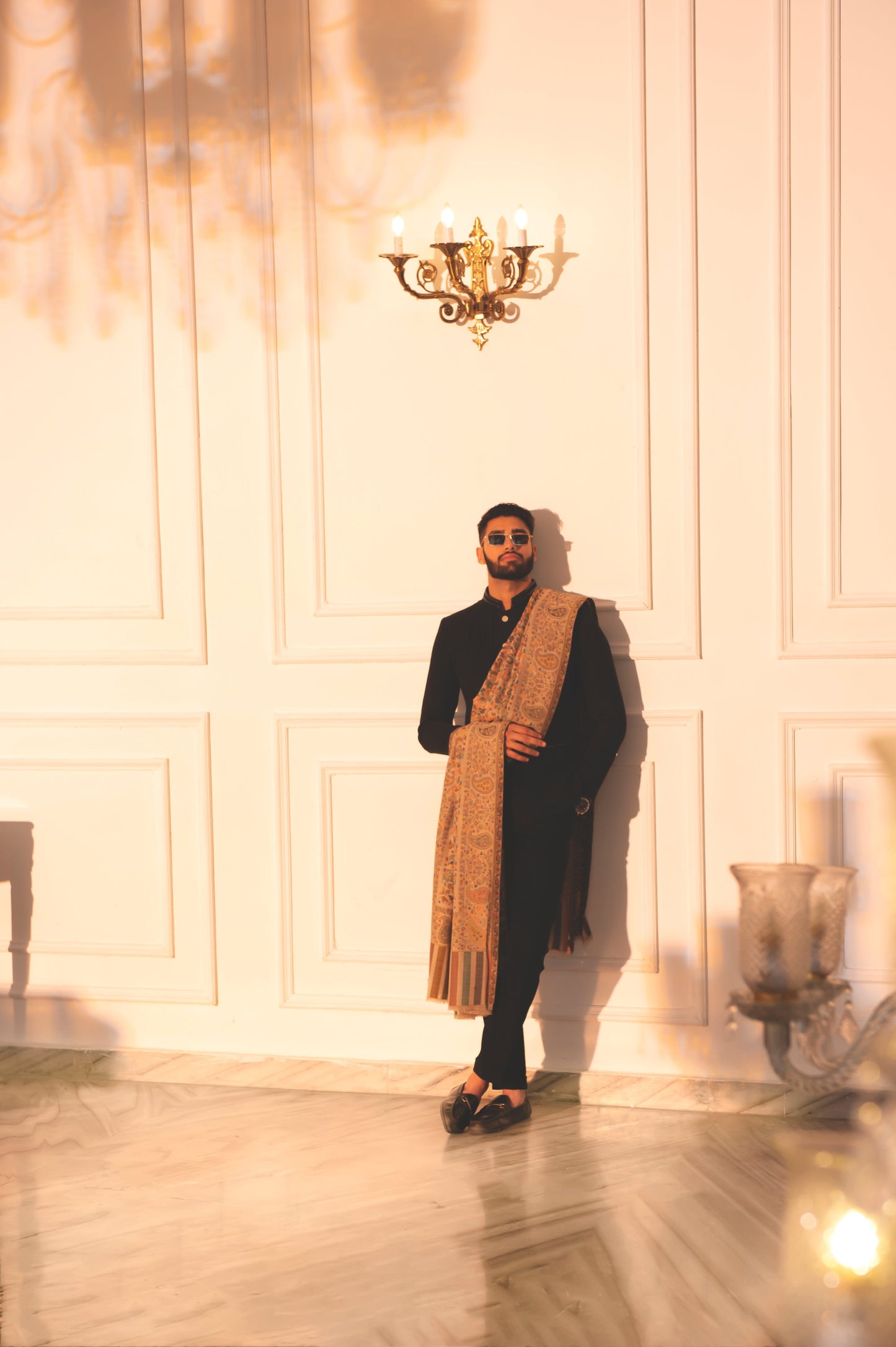 Pashtush India Mens Shawls Gents Shawl Pashtush Mens Extra Fine Wool Shawl, Ethnic Design, Lohi, Full Size, Beige