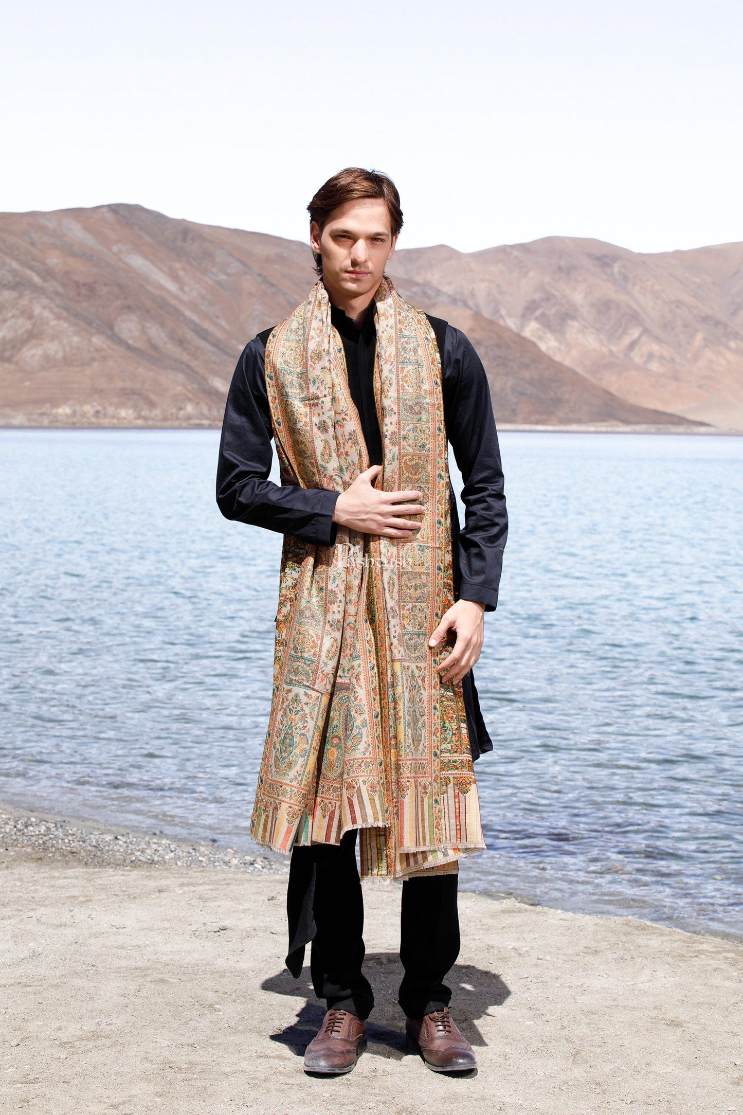 Pashtush India Mens Shawls Gents Shawl Pashtush Mens Extra Fine Wool Shawl, Ethnic Weave Design, Beige