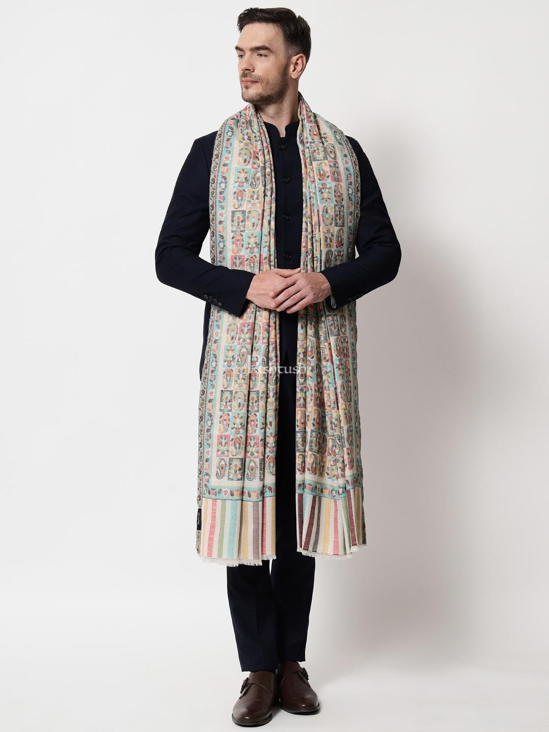 Pashtush India Mens Shawls Gents Shawl Pashtush mens Extra Fine Wool shawl, Ethnic weave design, Ivory