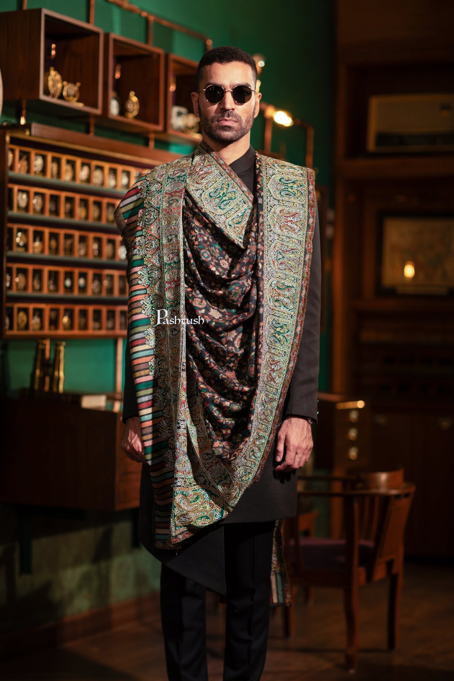 Pashtush India Mens Shawls Gents Shawl Pashtush Mens Extra Fine Wool Shawl, Nalki Hand Embroidery Design, Black