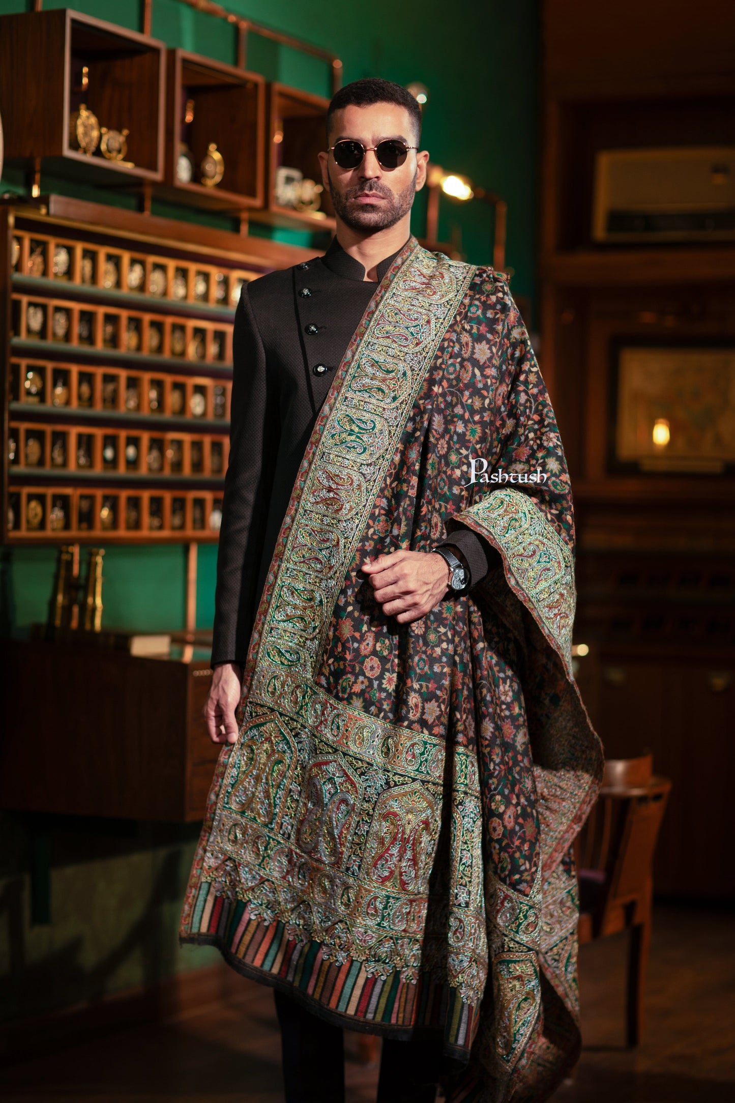 Pashtush India Mens Shawls Gents Shawl Pashtush Mens Extra Fine Wool Shawl, Nalki Hand Embroidery Design, Black