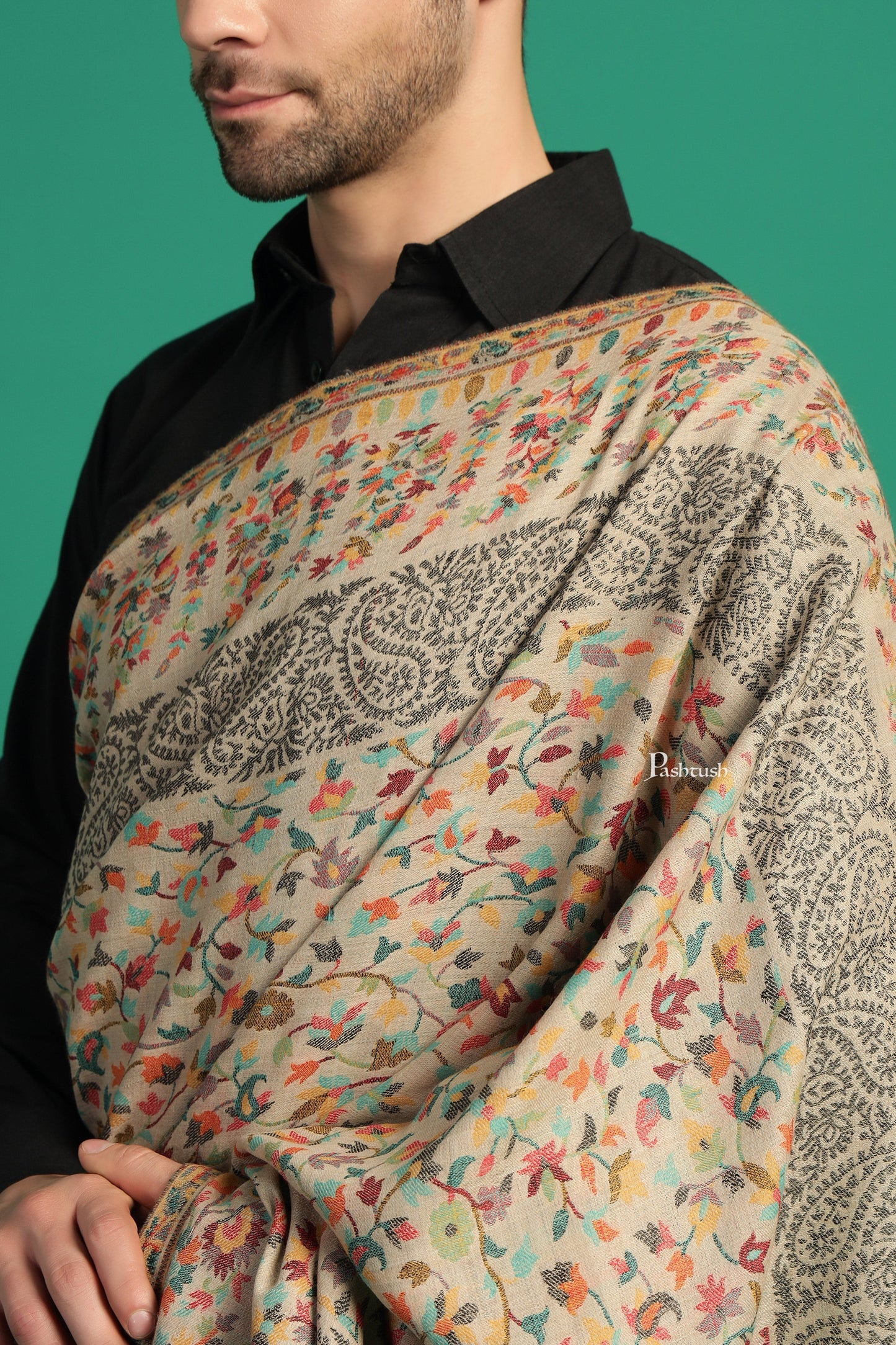 Pashtush India Mens Shawls Gents Shawl Pashtush Mens Extra Fine Wool Shawl, Paisley Design, Beige
