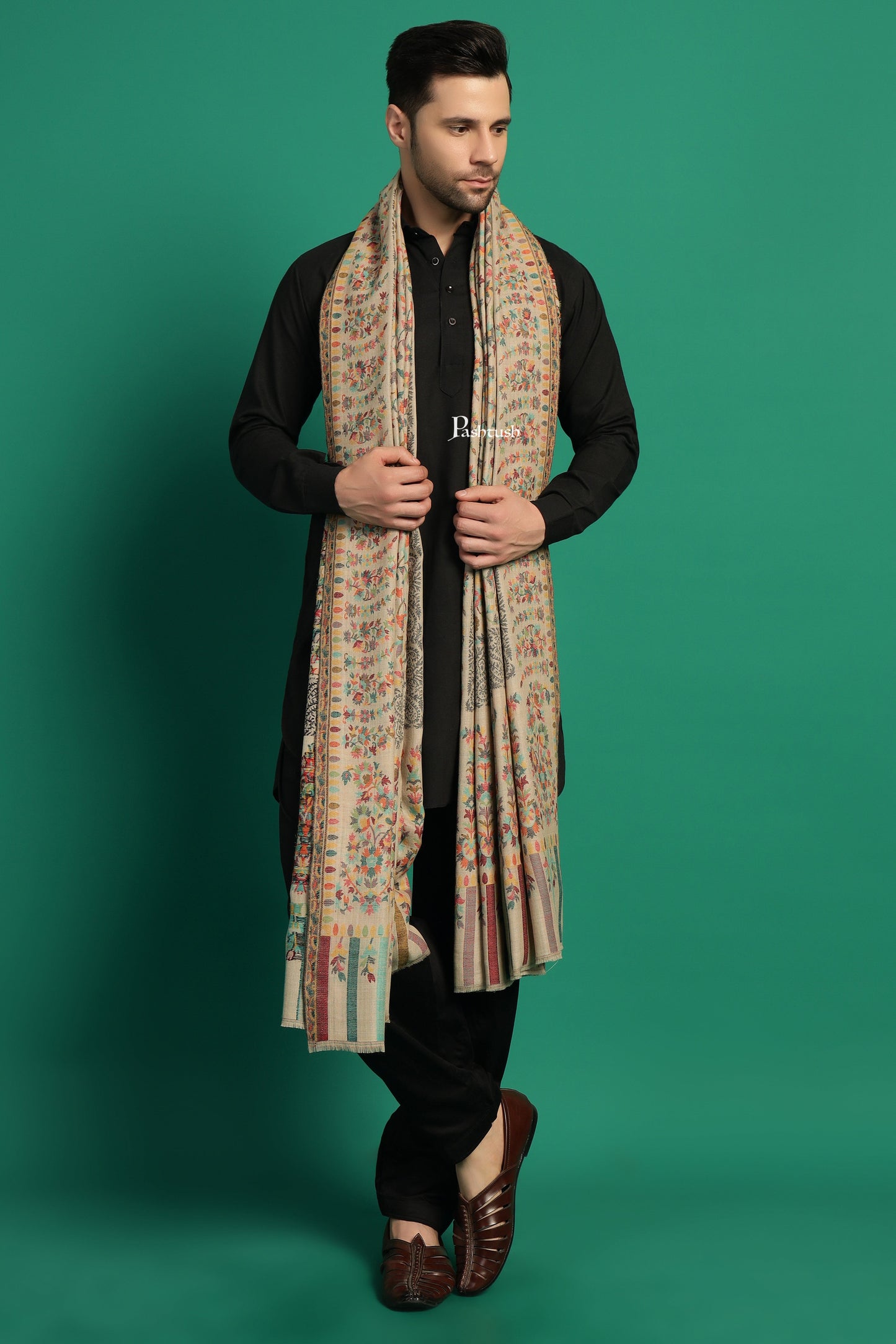 Pashtush India Mens Shawls Gents Shawl Pashtush Mens Extra Fine Wool Shawl, Paisley Design, Beige