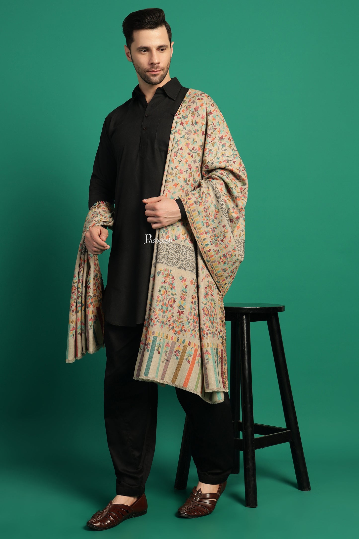 Pashtush India Mens Shawls Gents Shawl Pashtush Mens Extra Fine Wool Shawl, Paisley Design, Beige