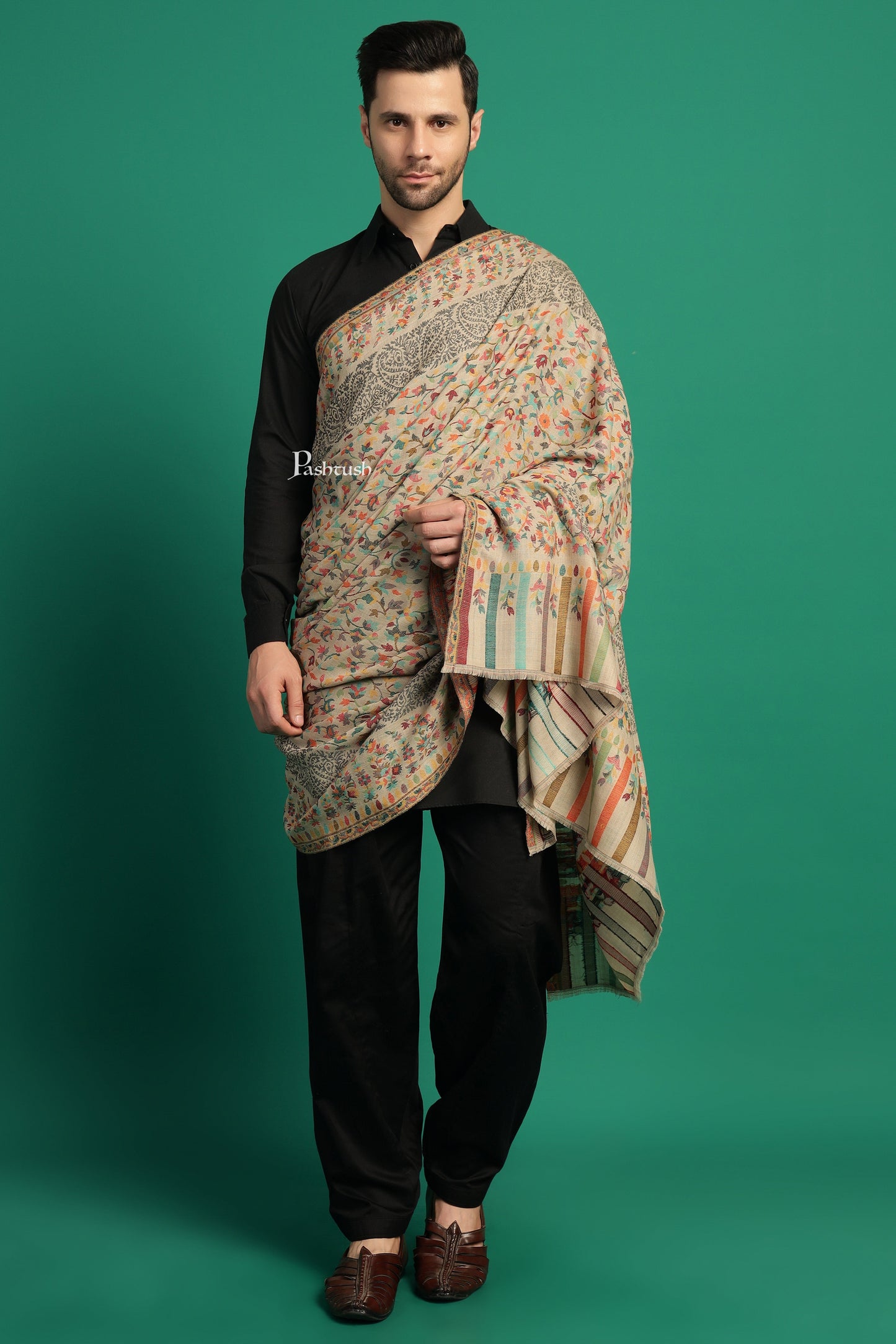 Pashtush India Mens Shawls Gents Shawl Pashtush Mens Extra Fine Wool Shawl, Paisley Design, Beige