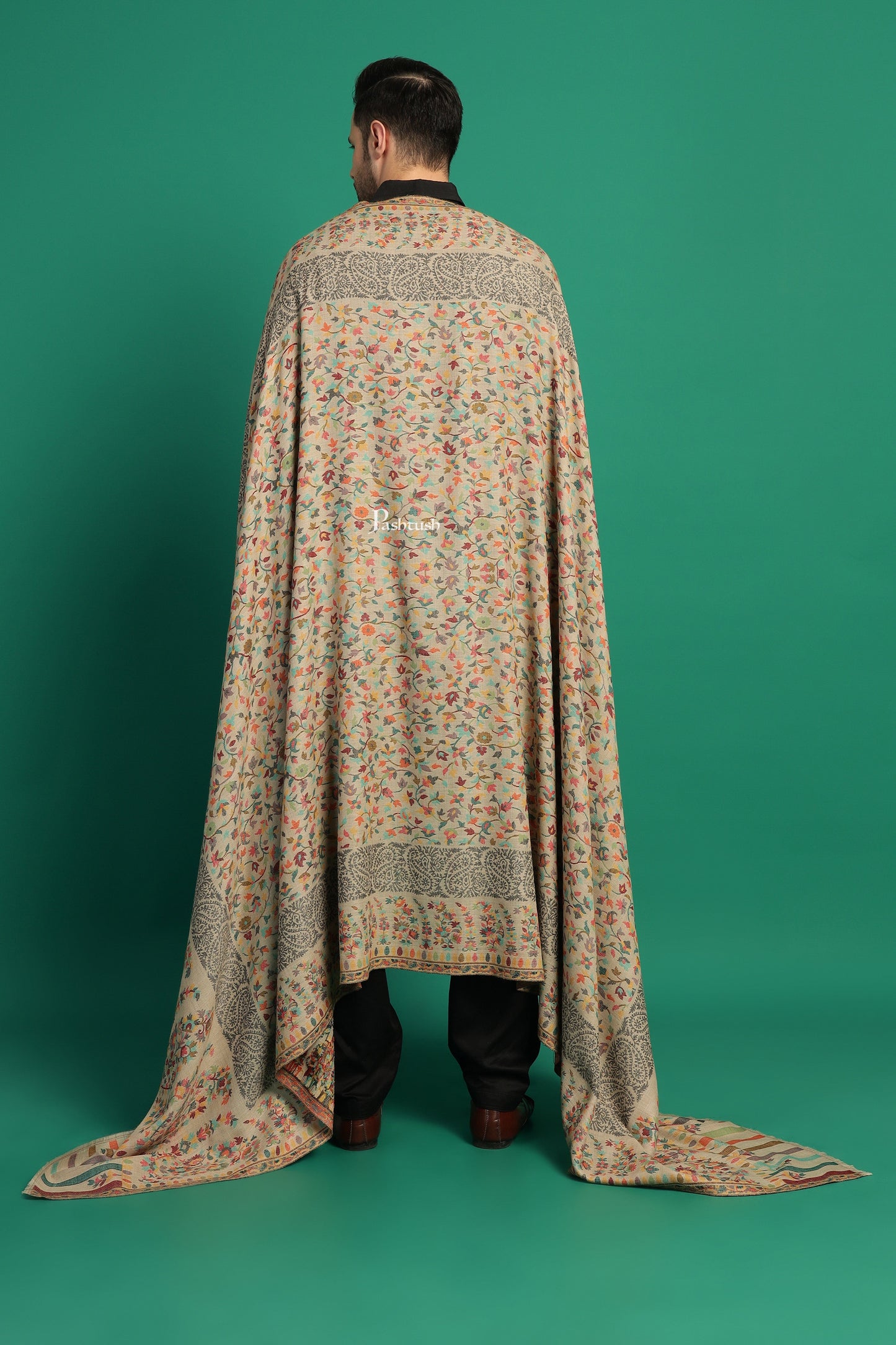 Pashtush India Mens Shawls Gents Shawl Pashtush Mens Extra Fine Wool Shawl, Paisley Design, Beige
