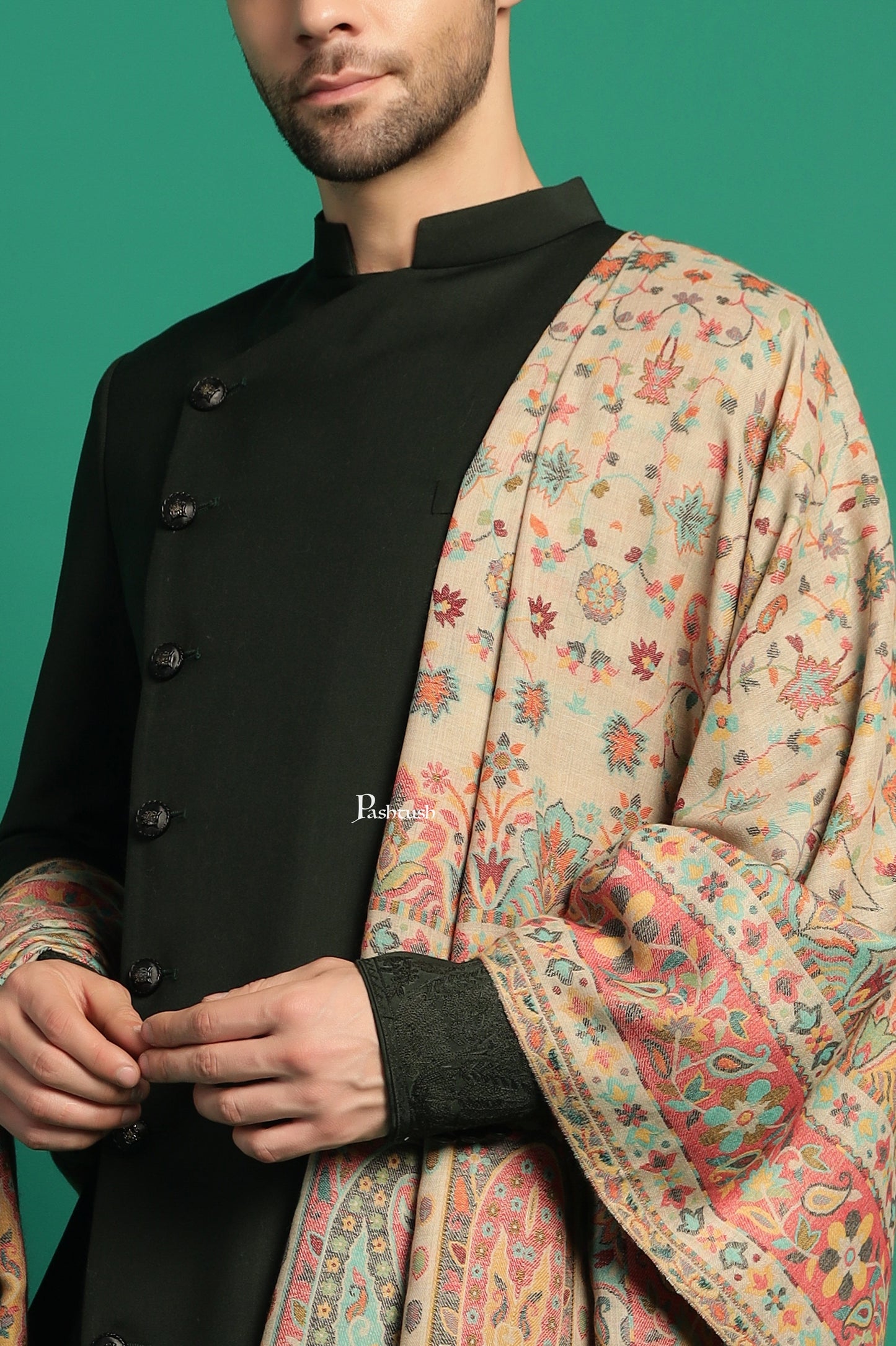 Pashtush India Mens Shawls Gents Shawl Pashtush Mens Extra Fine Wool Shawl, Paisley Design, Beige