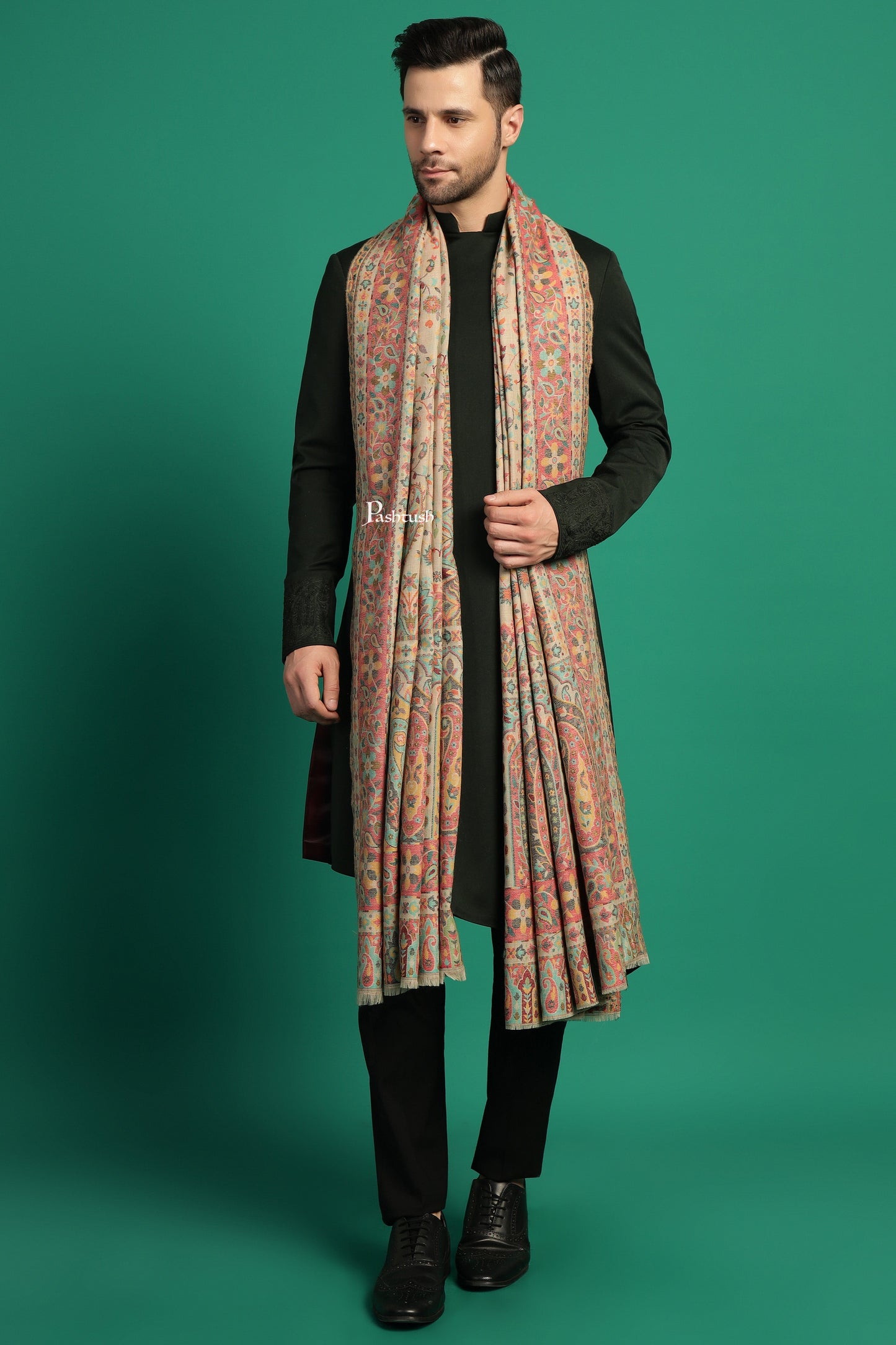 Pashtush India Mens Shawls Gents Shawl Pashtush Mens Extra Fine Wool Shawl, Paisley Design, Beige