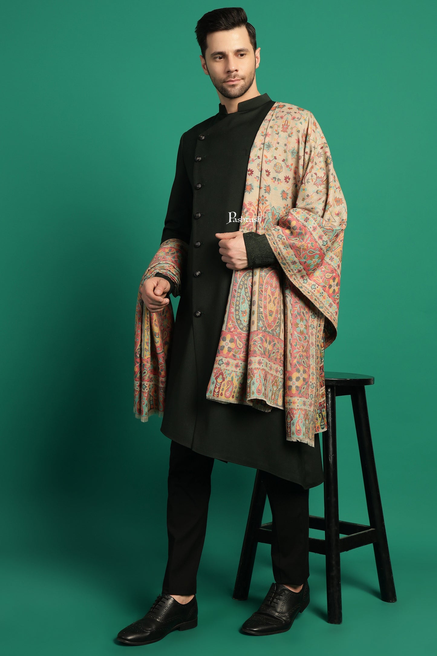Pashtush India Mens Shawls Gents Shawl Pashtush Mens Extra Fine Wool Shawl, Paisley Design, Beige