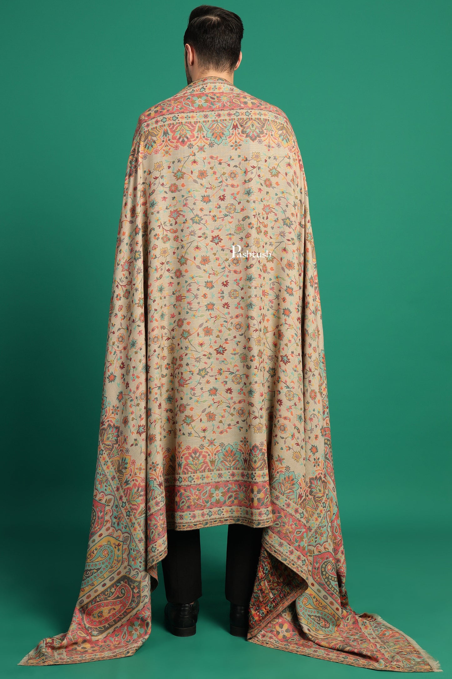 Pashtush India Mens Shawls Gents Shawl Pashtush Mens Extra Fine Wool Shawl, Paisley Design, Beige