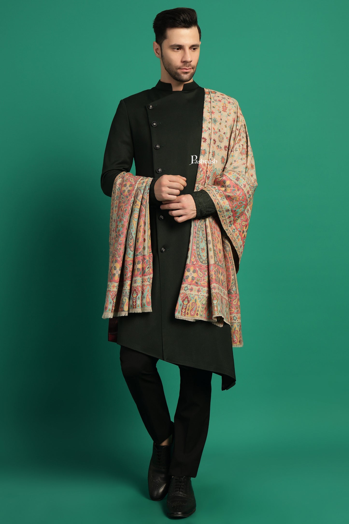 Pashtush India Mens Shawls Gents Shawl Pashtush Mens Extra Fine Wool Shawl, Paisley Design, Beige