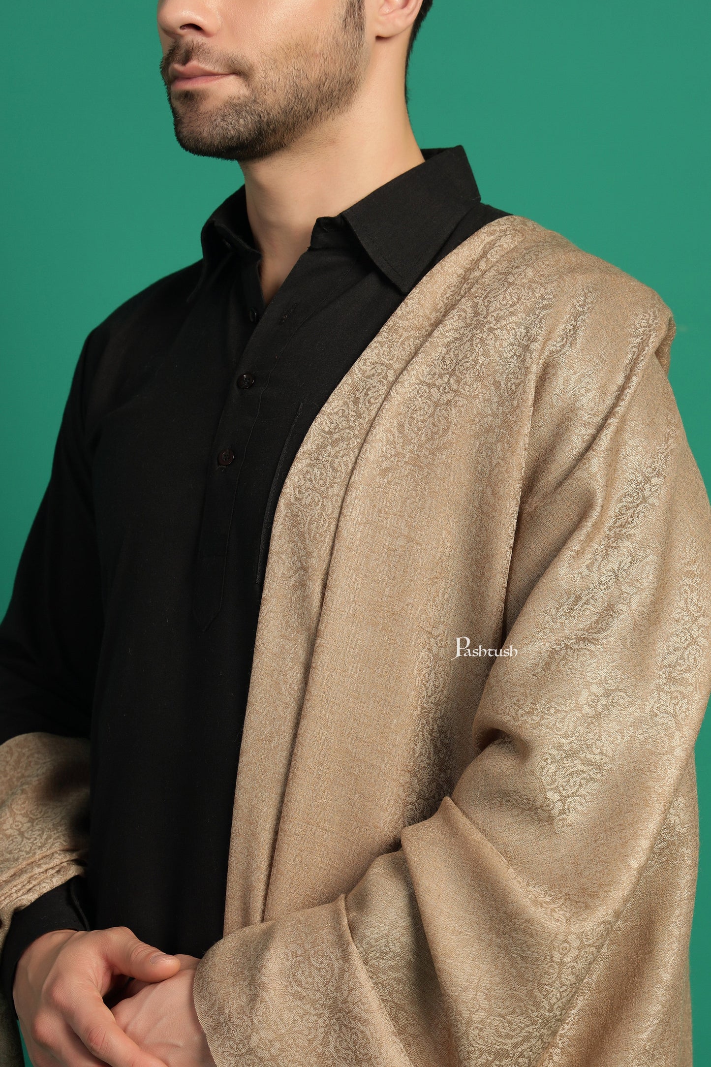 Pashtush India Mens Shawls Gents Shawl Pashtush Mens Extra Fine Wool Shawl, Paisley Design, Beige