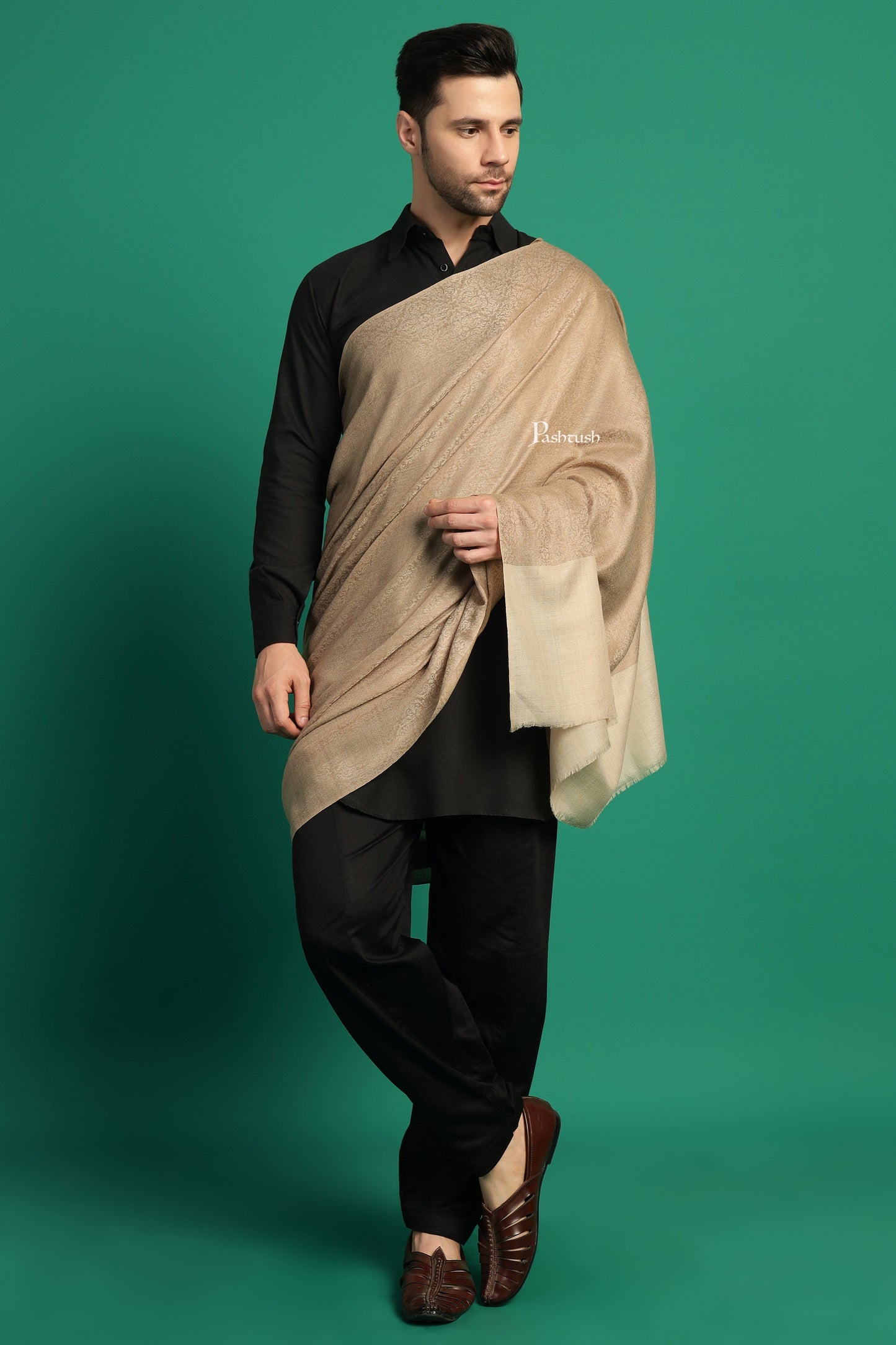 Pashtush India Mens Shawls Gents Shawl Pashtush Mens Extra Fine Wool Shawl, Paisley Design, Beige