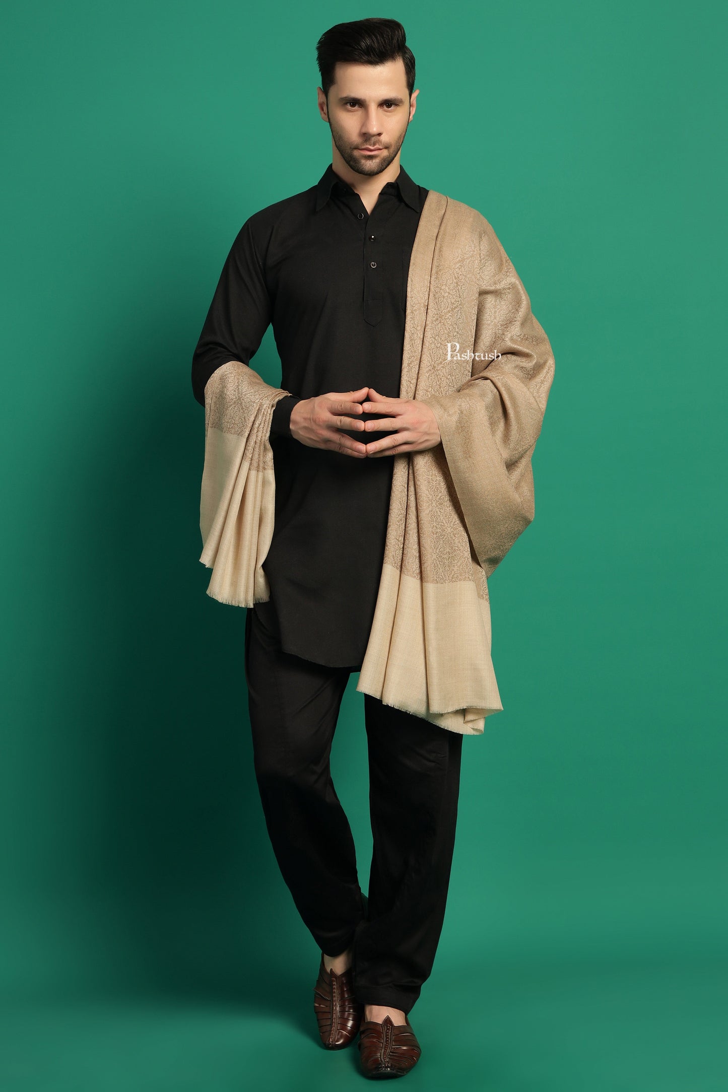 Pashtush India Mens Shawls Gents Shawl Pashtush Mens Extra Fine Wool Shawl, Paisley Design, Beige