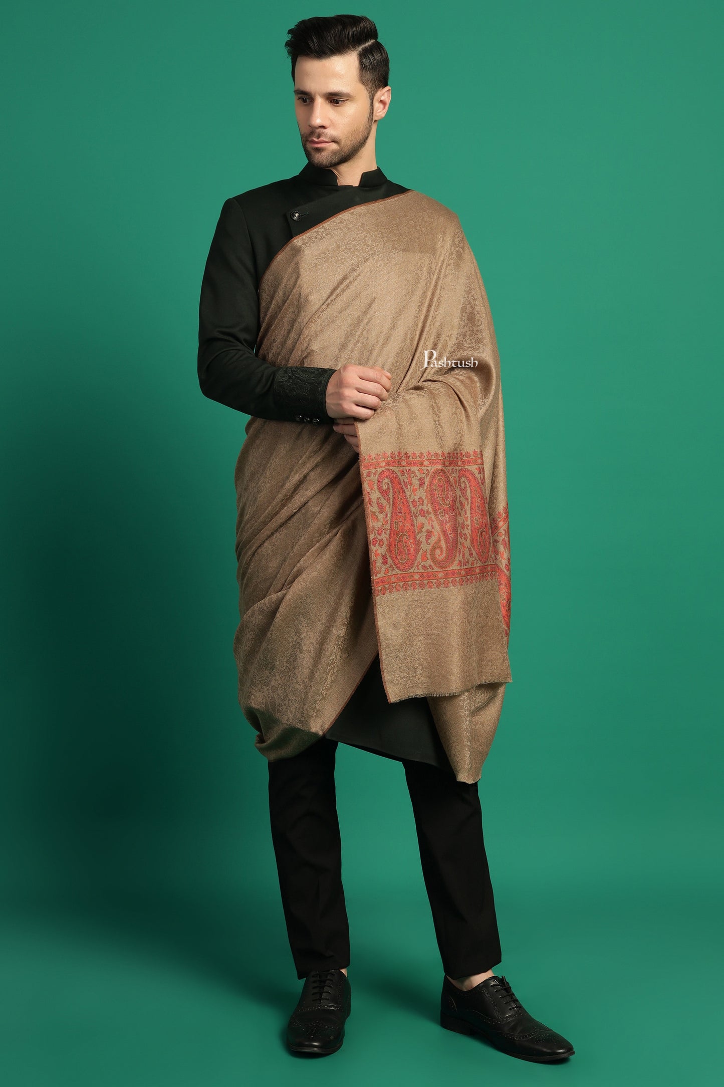 Pashtush India Mens Shawls Gents Shawl Pashtush Mens Extra Fine Wool Shawl, Paisley Design, Taupe